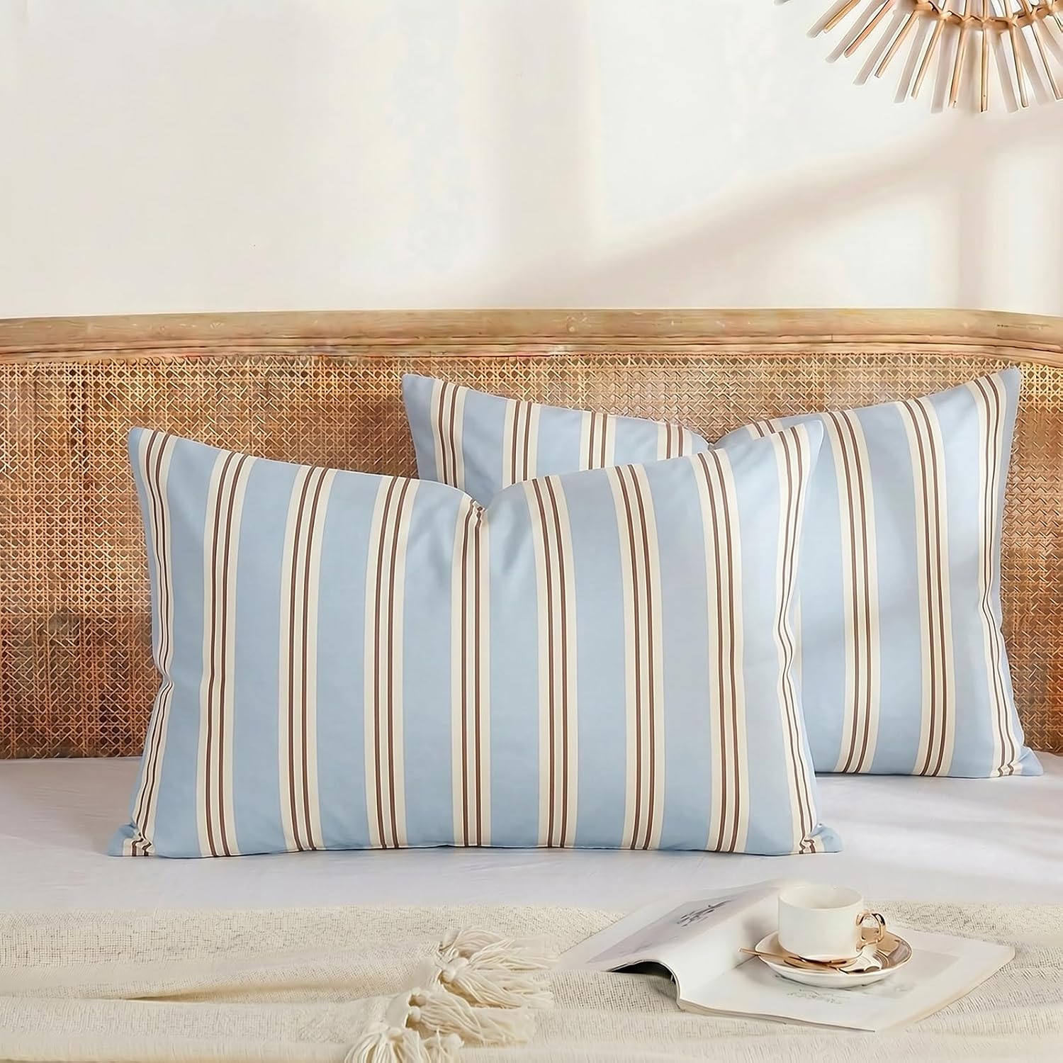 Merryword Queen Size Pillowcases, 100% Cotton Pillow Cases, Light Blue Striped Pillowcases, Soft Breathable Ribbon Stripe Pillow Covers, Se…