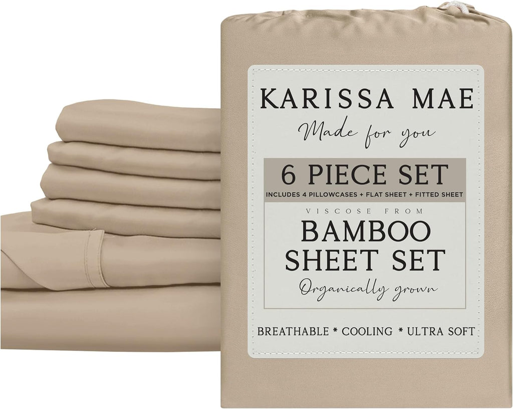 KARISSA MAE 6 Piece Pure Viscose from Bamboo Queen Size Sheet Set | 100% FSC Certified | Luxuriously Soft | Cooling | 18" Deep Pocket…