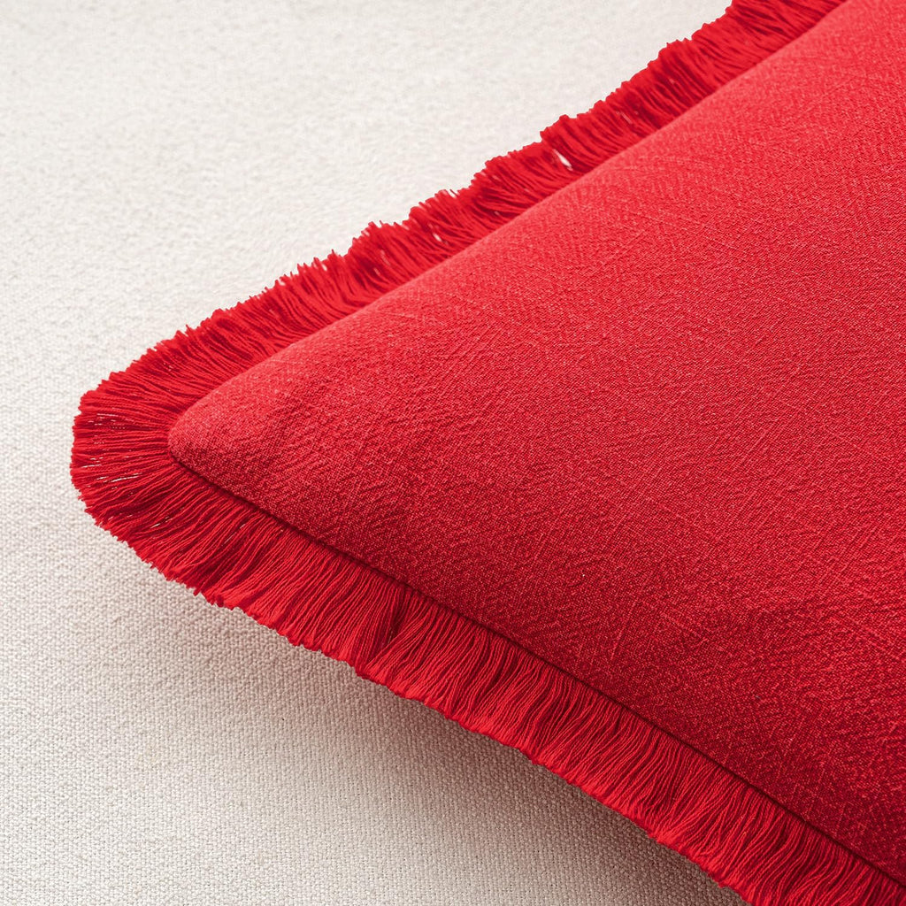Miulee Decorative Throw Pillow Covers Neutral Linen Fringe Throw Pillows Set of 2 Red Boho Farmhouse Cushion Covers with Tassels for Couch…