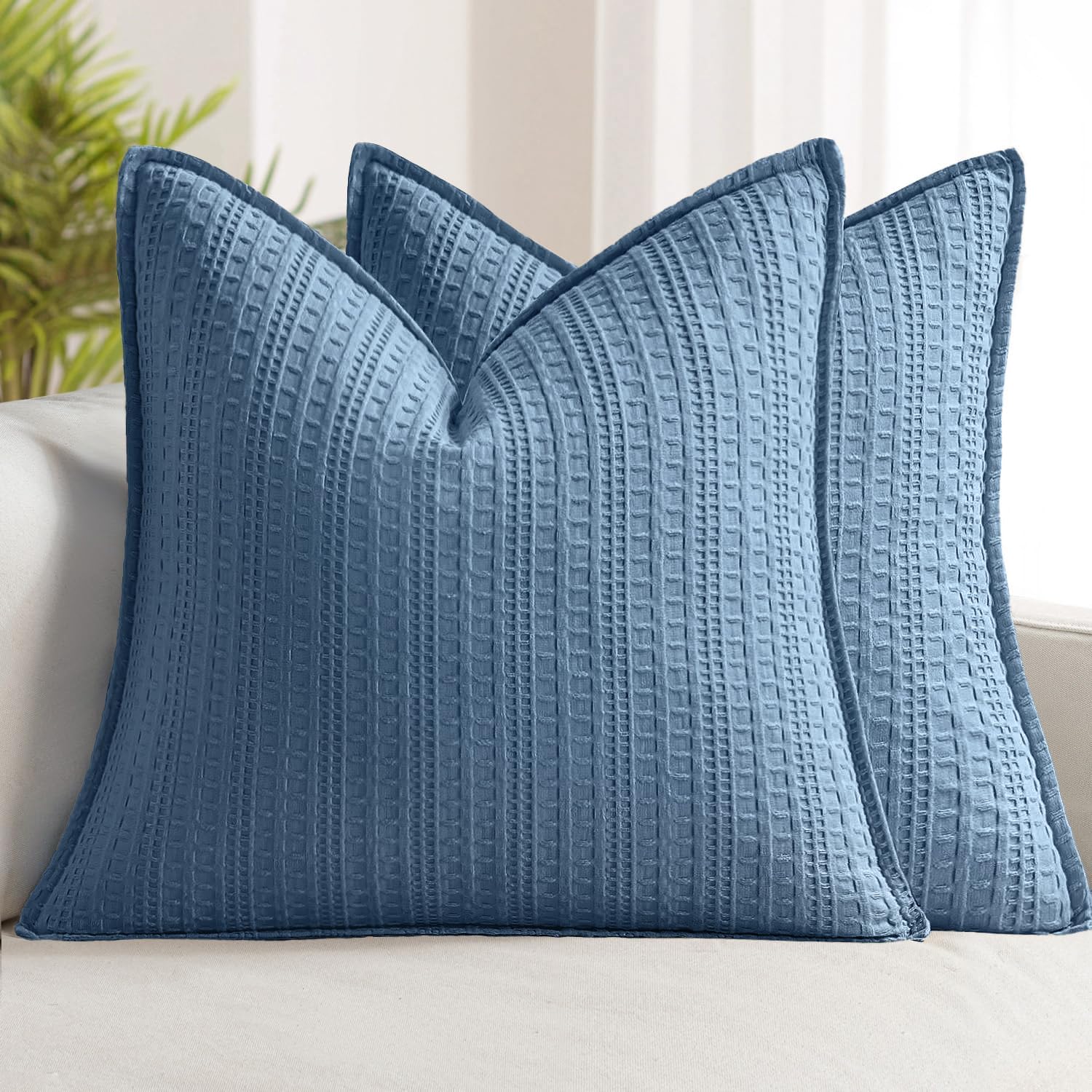 Set of 2 Decorative 100% Cotton Waffle Throw Pillow Covers 20x20, Neutral Coastal Euro Shams Weave European Cushion Cases for Couch Sofa…