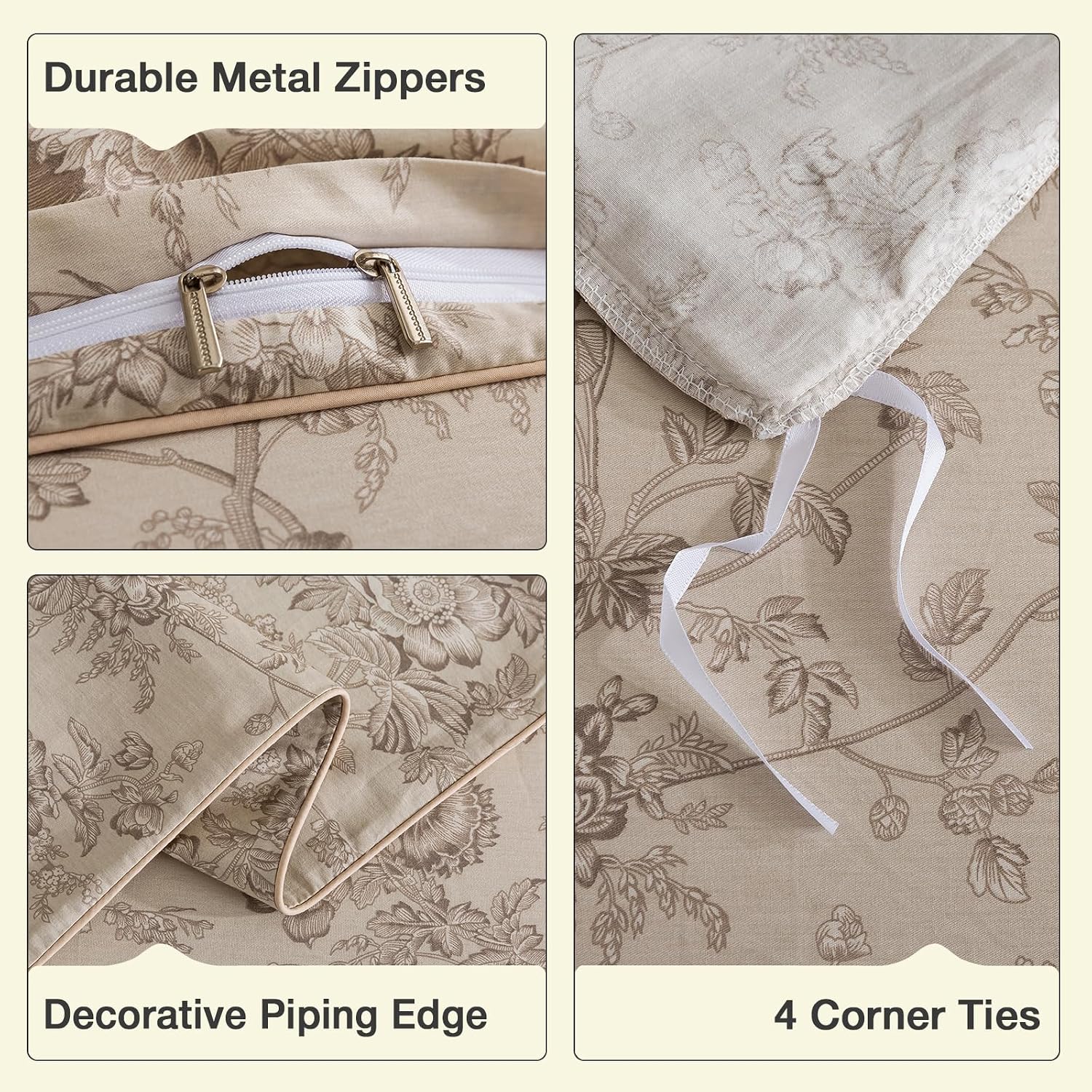 Puralens Beige Floral Duvet Cover, Queen Size 100% Cotton Percale Shabby Flower Patterned Chic Bed Cover Set, Soft Crisp Zipper Reversible…