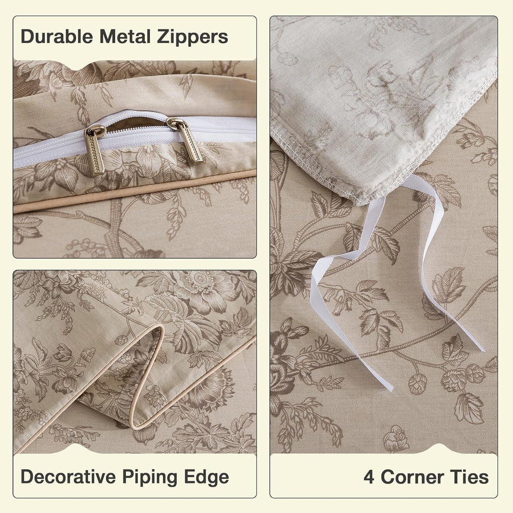 Puralens Beige Floral Duvet Cover, King Size 100% Cotton Percale Shabby Flower Print Chic Bed Cover Set, Soft Crisp Zipper Reversible Comfo…