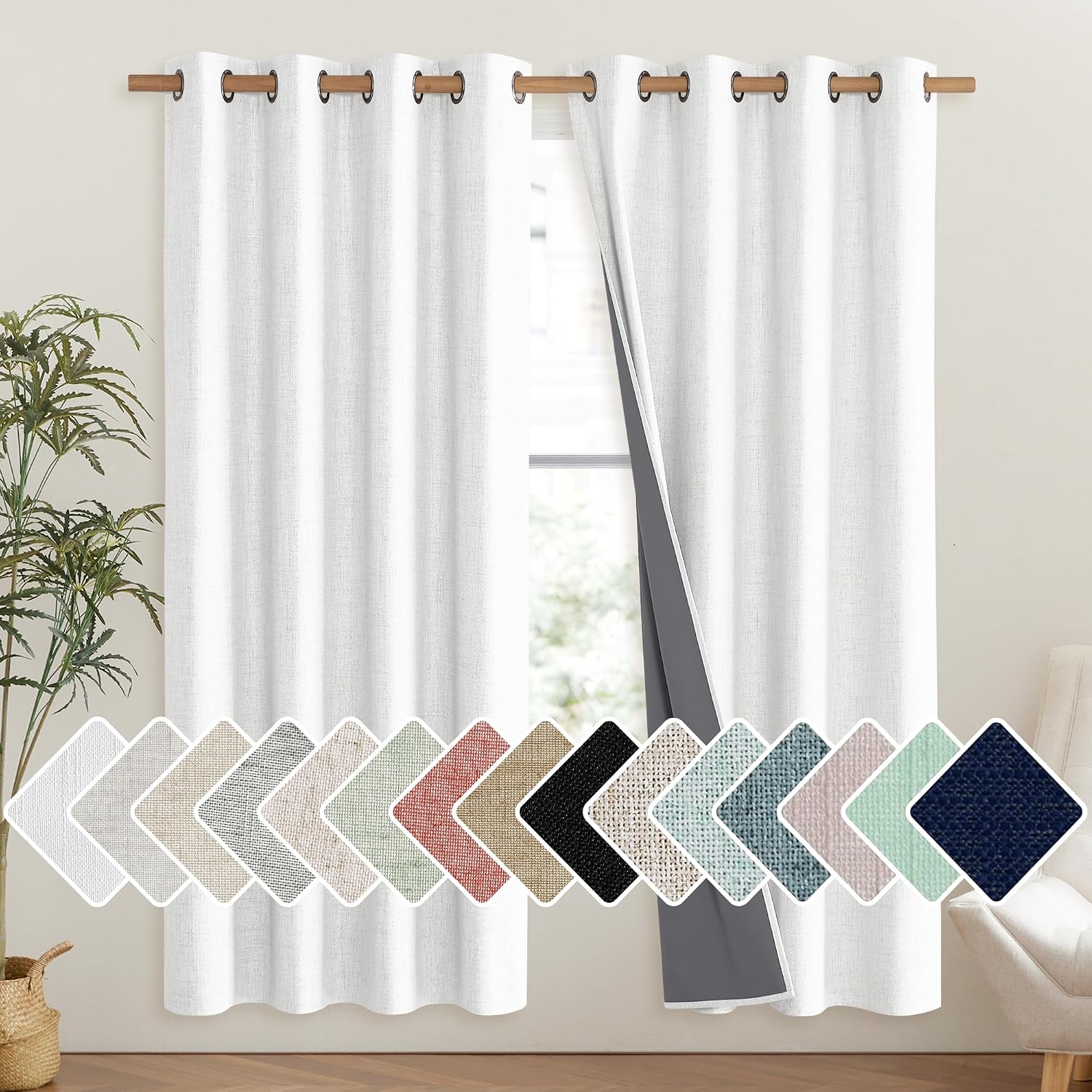 NICETOWN 100% Absolutely Blackout Linen Curtains with Thermal Insulated Liner, Greyish White, 52" Wide, 72" Length Energy Saving Curtains…