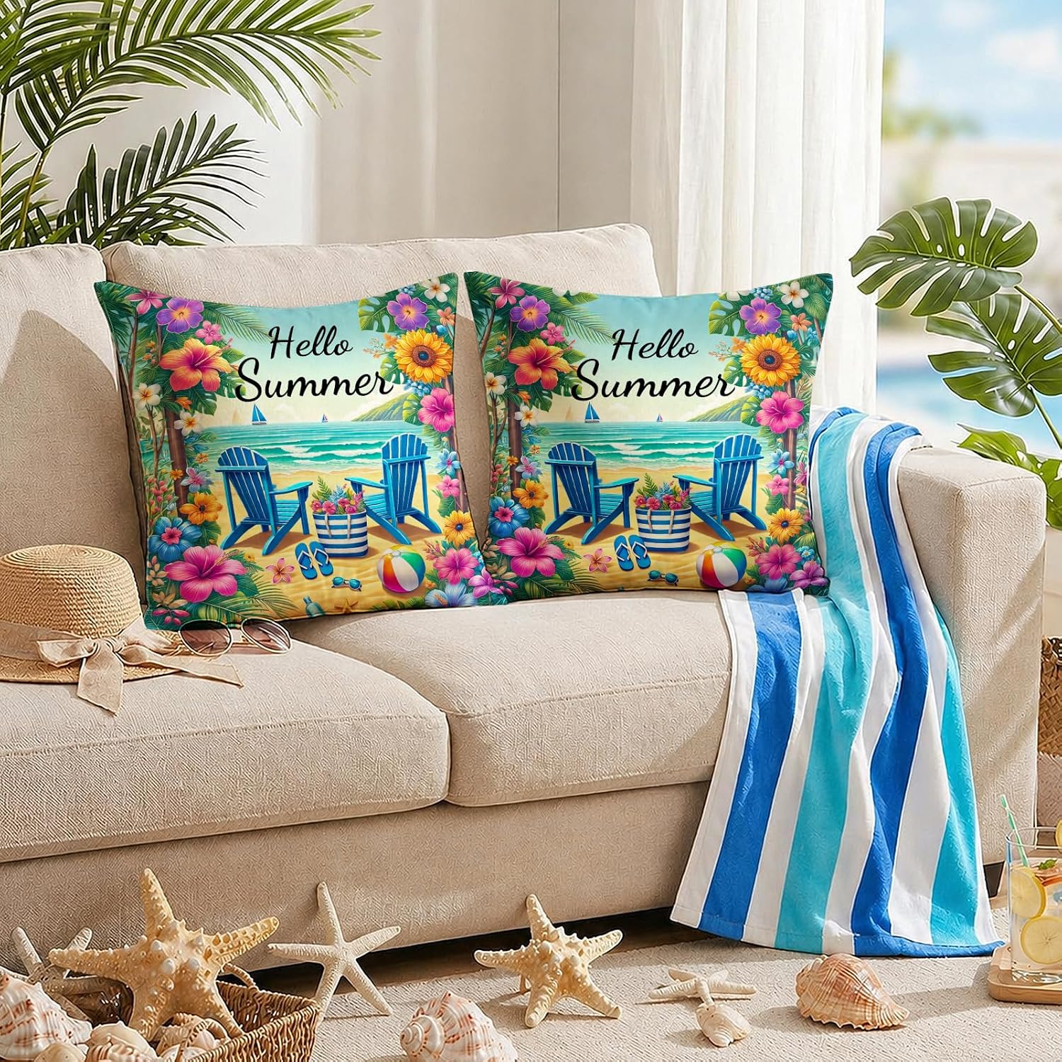 BlissYard Hello Summer Beach Throw Pillow Covers 18x18 Coastal Decorative Pillow Covers Tropical Floral Summer Cushion Covers Seaside…