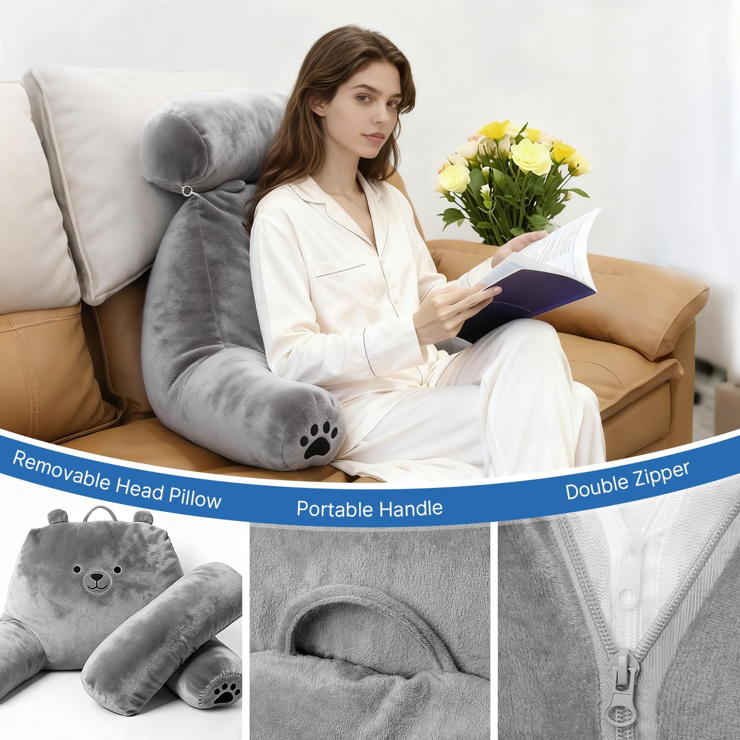 Reading Pillow Plus, Crystal Velvet Back Pillow Bed Sitting Up for Adult & Children, Back Rest Pillow Support for Reading & Rest Bed, Add…
