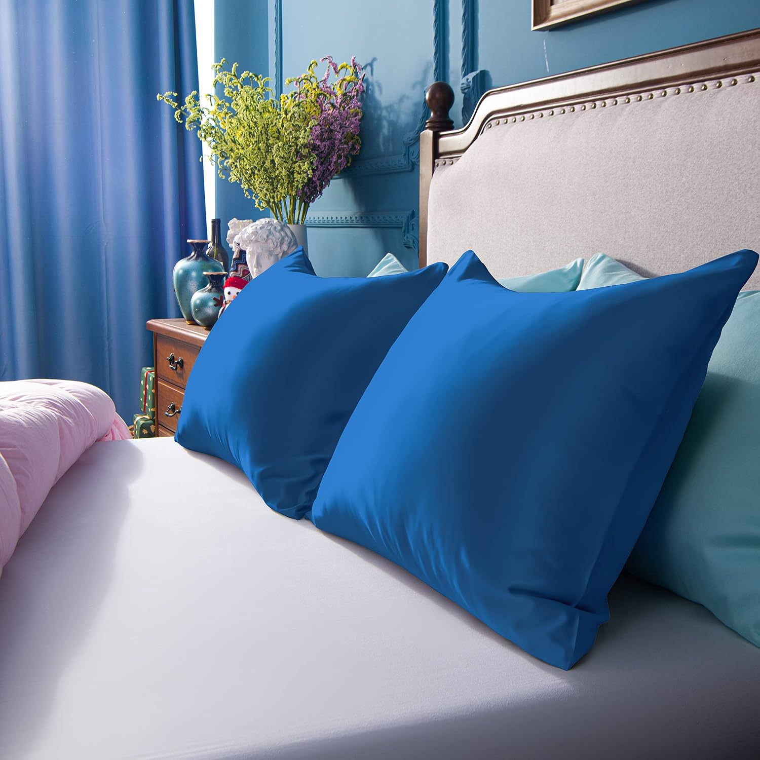 Ntbay Zippered Satin Pillow Cases for Hair and Skin, Luxury Standard Hidden Zipper Pillowcases Set of 2, 20x26 Inches, Royal Blue 26 Inches…