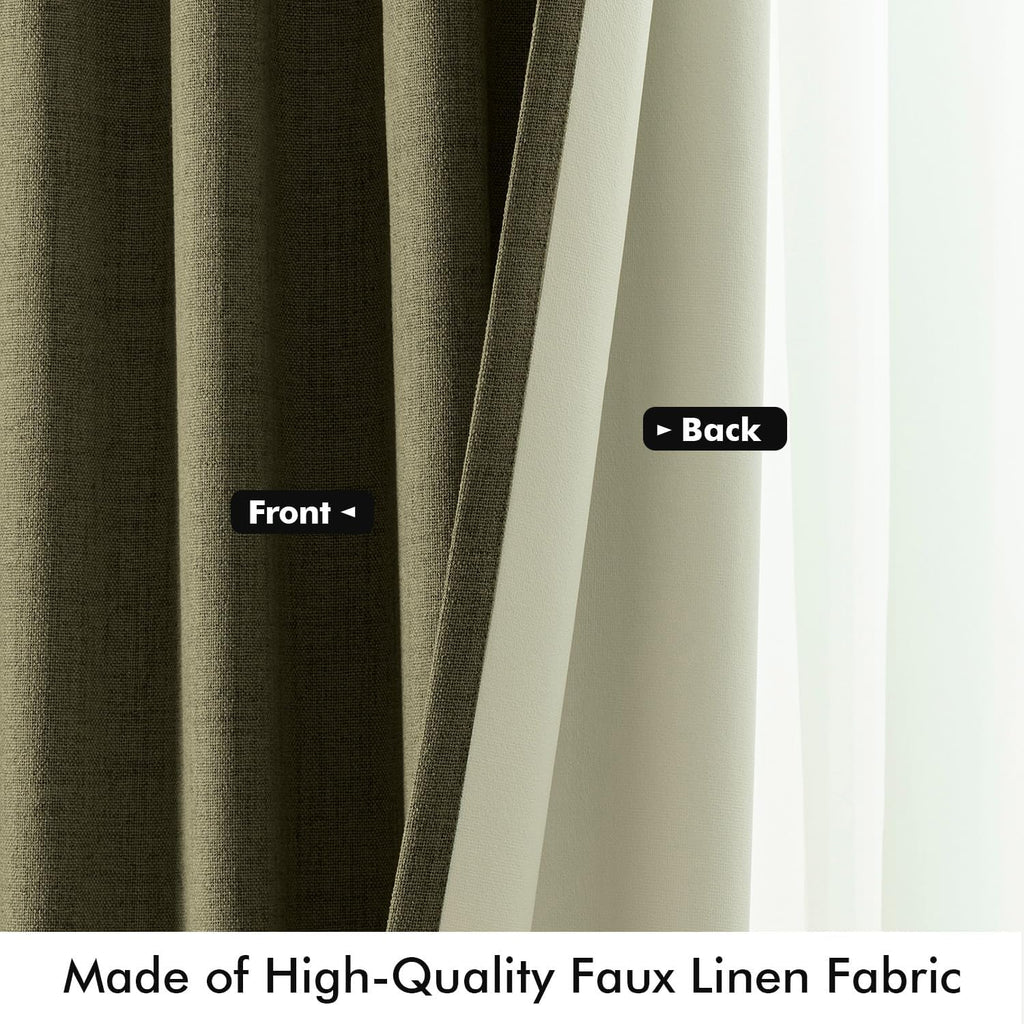 Miulee 100% Blackout Linen Curtains for Bedroom, Light Olive Green Solid Luxury Decor Thermal Insulation Room Darkening Drapes for Living R…