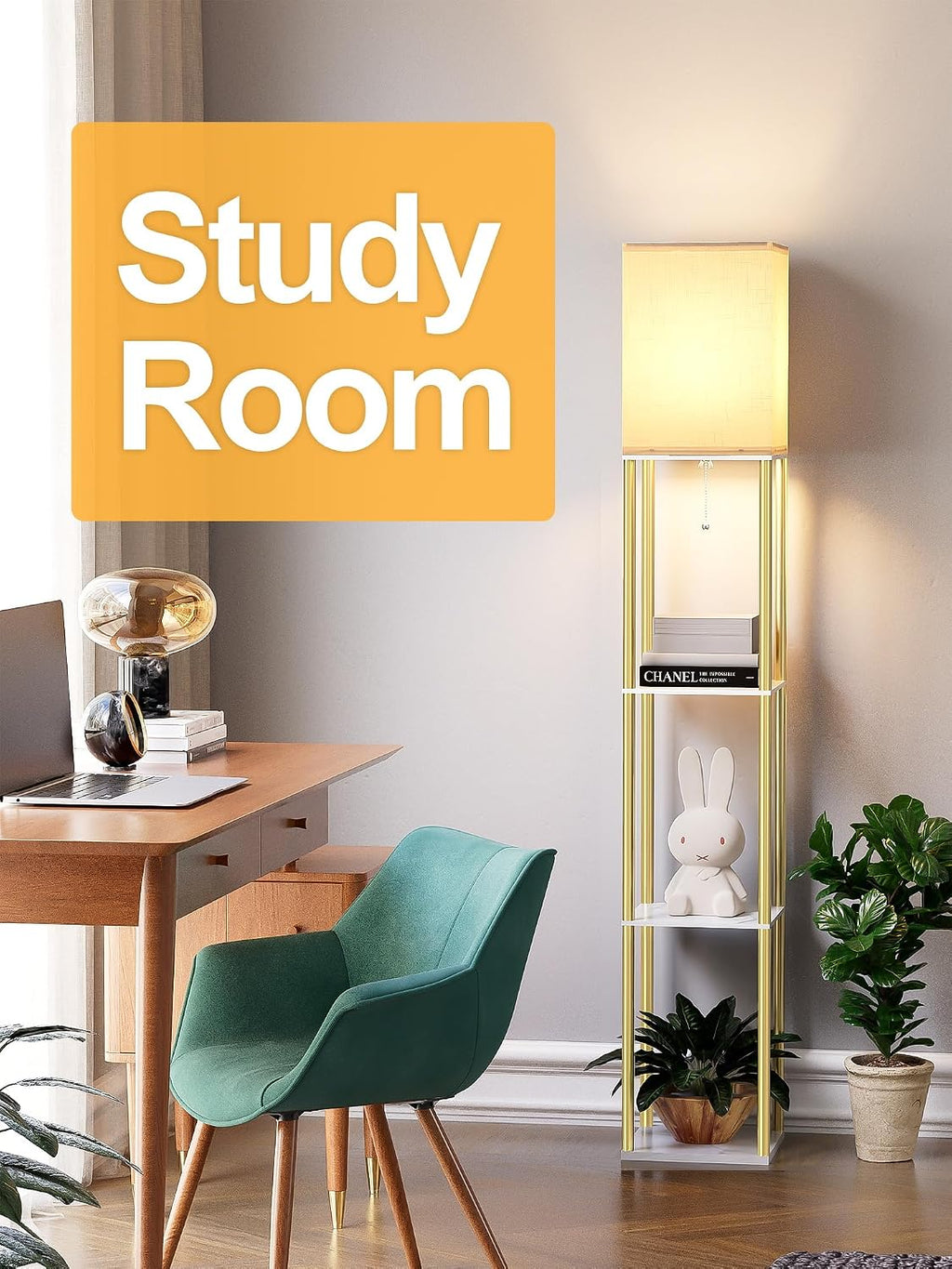 Floor Lamp with Shelves, Modern Corner Display Standing Column Shelf Lamp Etagere Organizer Tower Nightstand with White Linen Shade for…