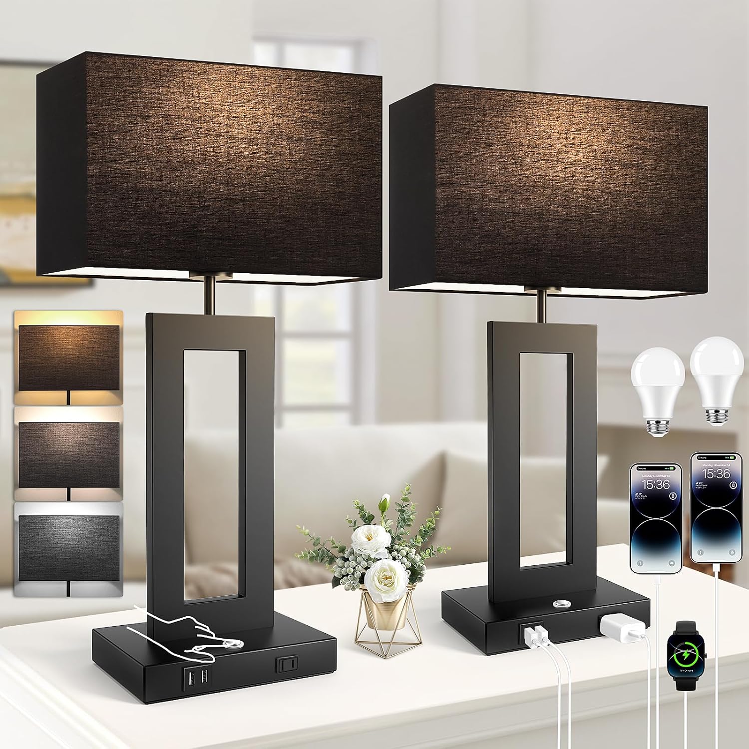 3 Color Temperatures Black Table Lamps for Bedrooms Set of 2, 22’’ Touch Control Bedside Nightstand Lamps with 2 USB Ports & AC Outlet…