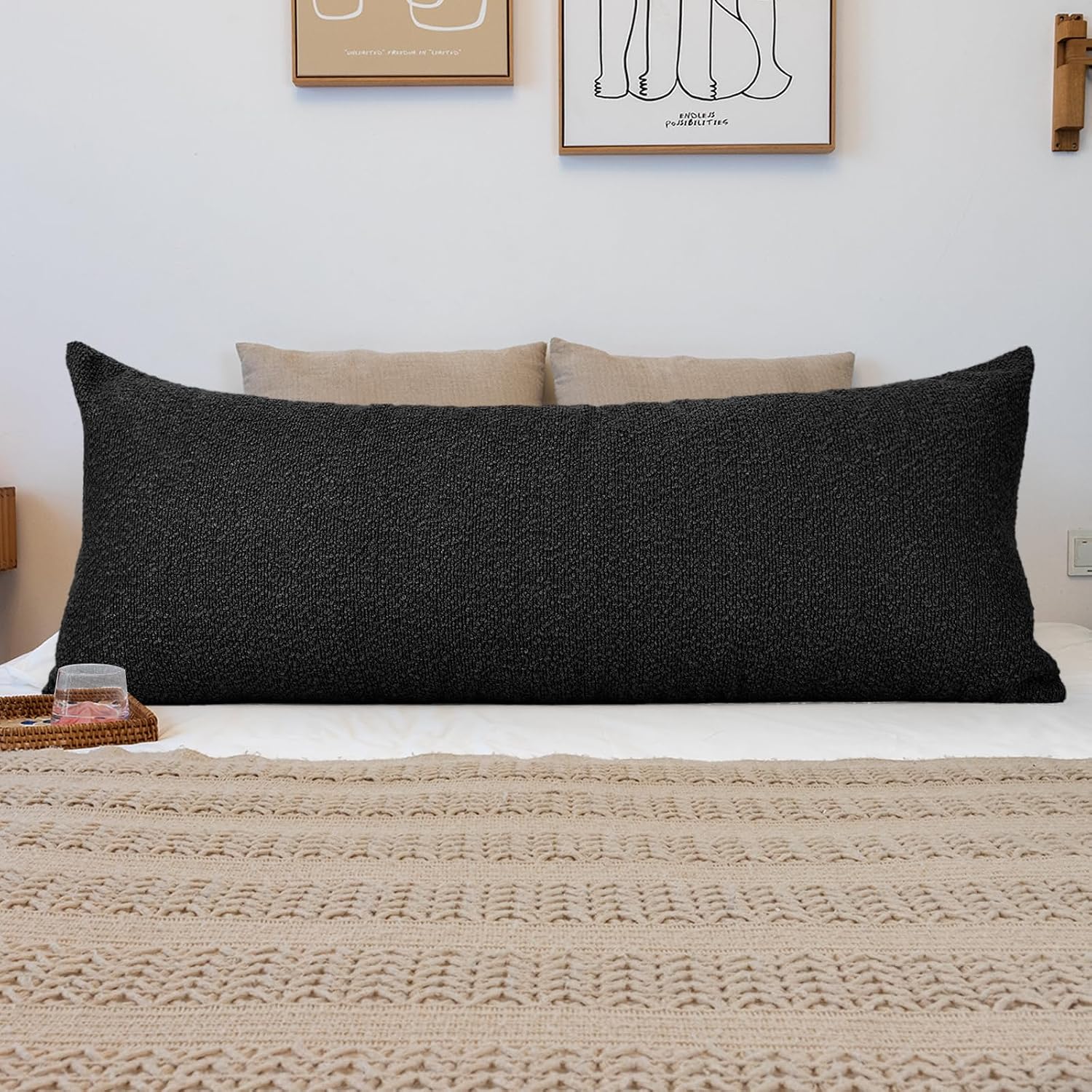 JoraLion 20x54 inch Neutral Boucle Body Pillow Cover, Black Long Pillow Cover Cozy Soft Cushion Case for Couch Sofa Bed Living Room Home…
