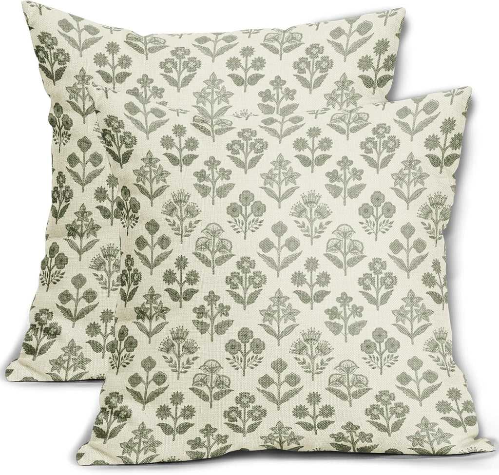Sage Green Floral Pillow Covers 24x24 Inch Set of 2, Vintage Flower Block Print Pattern Decorative Throw Pillowcases Outdoor Farmhouse…