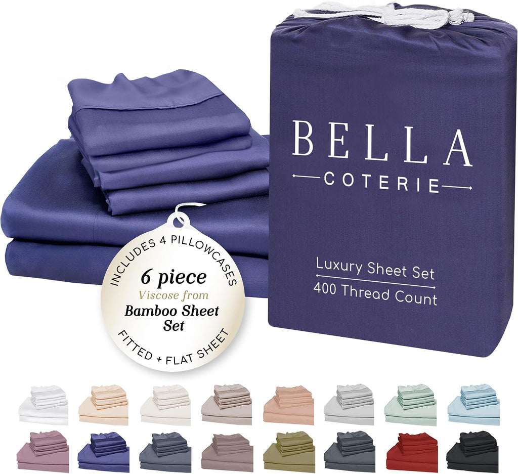 Bella Coterie 6 Piece Luxury Bamboo Viscose Queen Size Sheet Set | 100% Organically Grown | Cooling for Hot Sleepers | 18" Deep Pocket |…