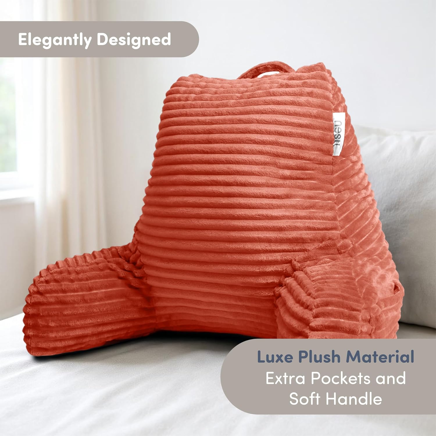 Nestl Reading Pillow with Shredded Memory Foam, Luxe Cut Plush Back Pillow for Sitting Up in Bed, Back and Arms Adjustable Support for…