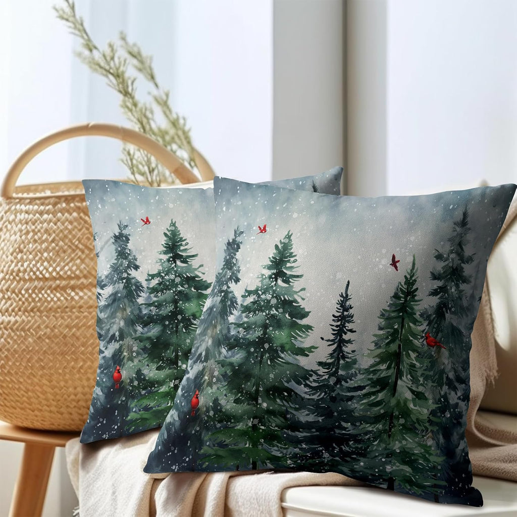 Granbey Green Tree Throw Pillow Covers Winter Snowy Forest Pillowcase 16x16 inch 2 PCS Nature Landscape Red Bird Decorative Cushion Cover f…