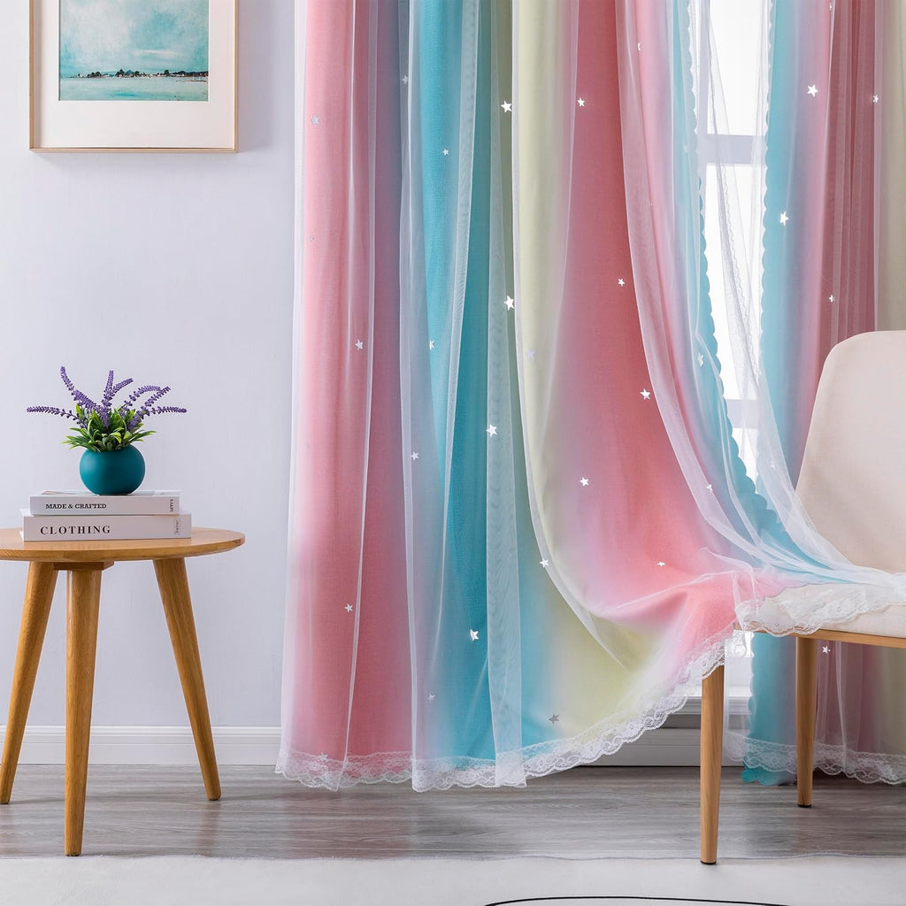 Addsomecolortolife XiDi Dream Star Blackout Curtains for Kids Rooms Girl Princess Curtain for Daughter Bedroom Window (Pink Blue, W52 X L96…