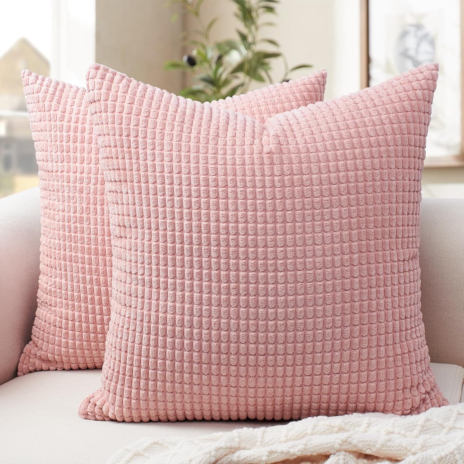 Softalker Throw Pillow Covers 16x16 Inch, Set of 2, Soft Corduroy Boho Stripe Decorative Pillow Cover, Couch Fluffy Pillow Cover for…