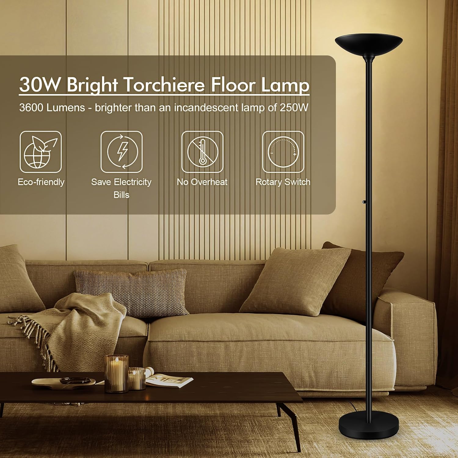 Home 30W Torchiere Floor Lamp - 3600LM Super Bright LED Floor Lamp, 71 Inch Stepless Dimmable Standing Lamp with 3000K Lighting, Rotary Swi…