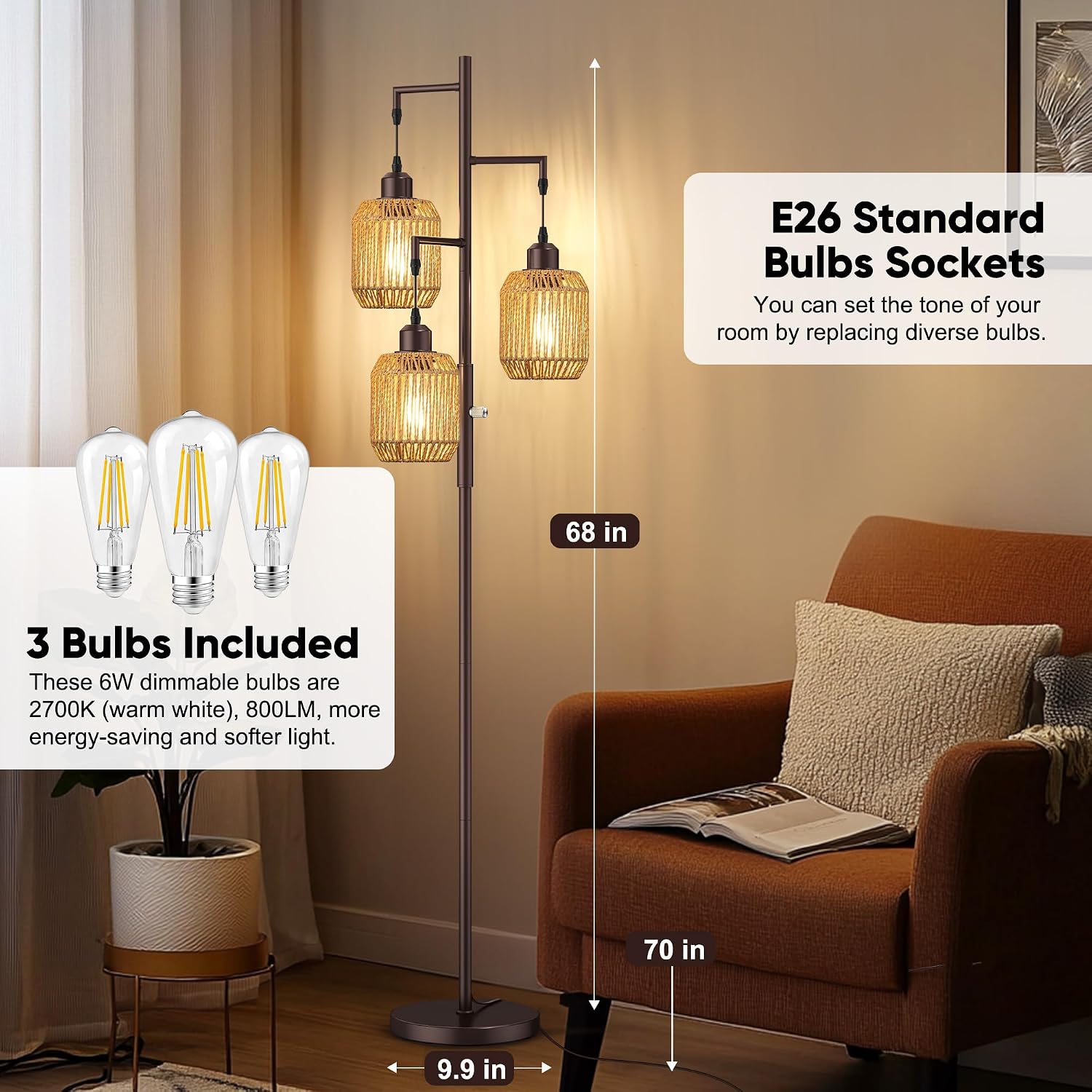 ROTTOGOON Dimmable Boho Floor Lamp - 3 Light Farmhouse Rattan Floor Lamp for Living Room, Industrial Tree Floor Lamps with 3 X 6W LED…
