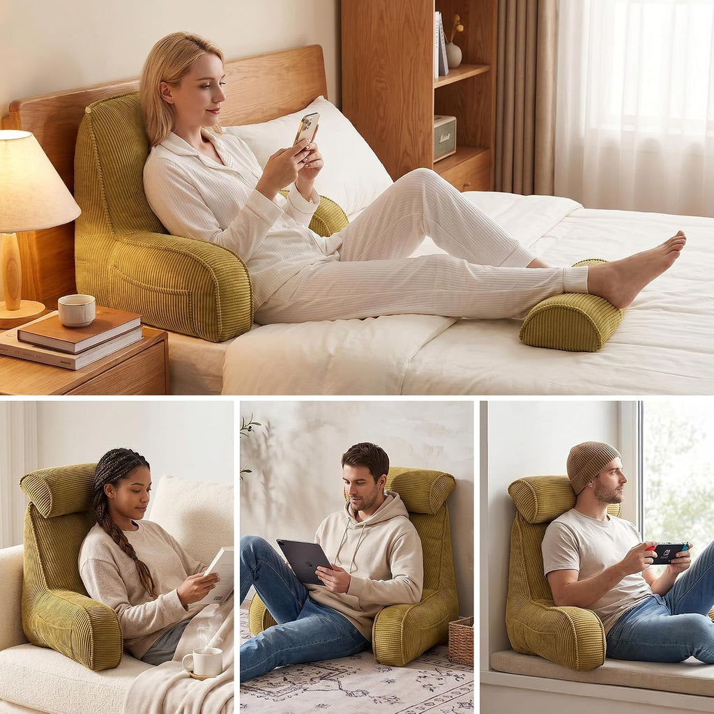Ailuteie Bed Rest Reading Pillow, Backrest Pillow with Arms, Corduroy Back Support Cushion with Side Pockets & Washable Cover, for Sitting…