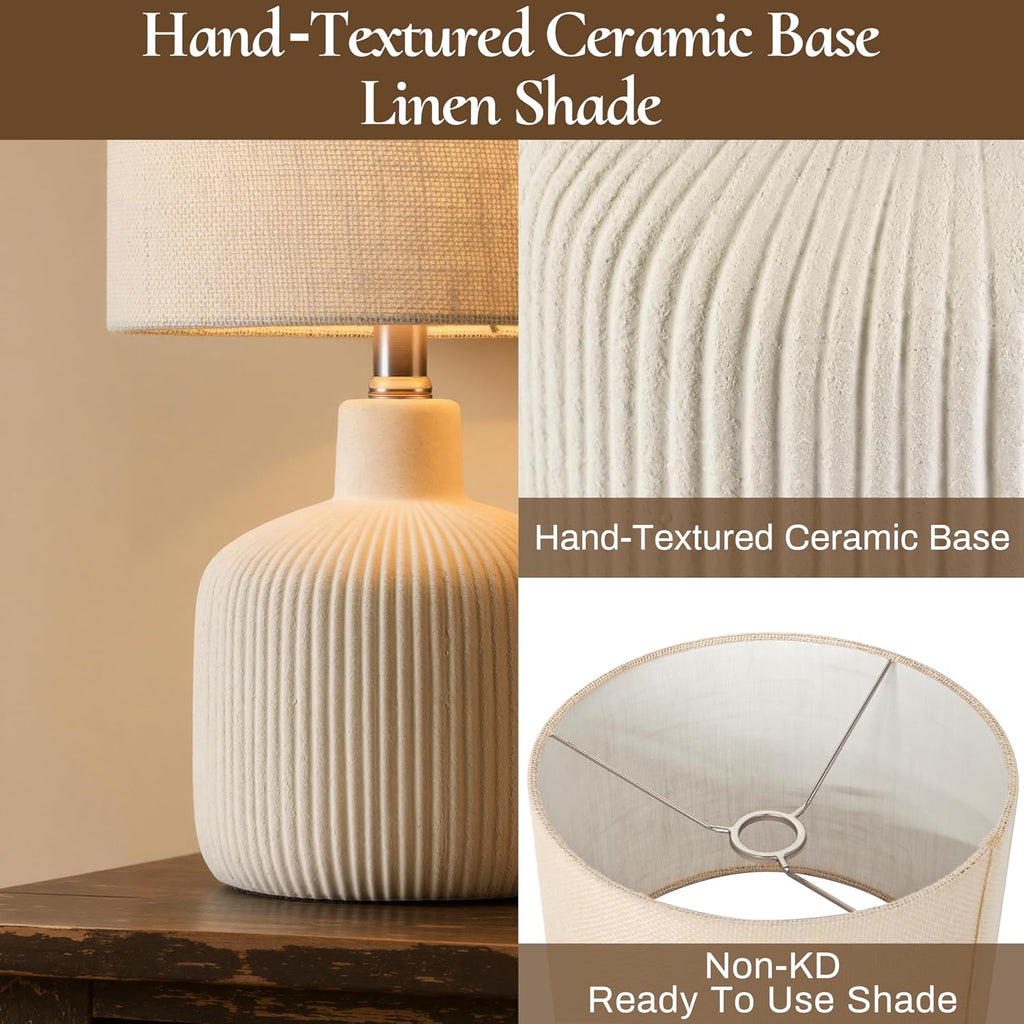 Ceramic Table Lamp, 17.75" Rustic Farmhouse Bedside Lamp with Beige Linen Shade, Warm Ambient Nightstand Lighting for Bedroom or Living…
