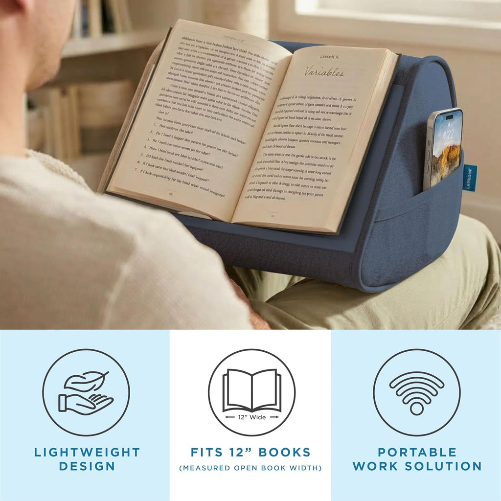 LAPGEAR Book Pillow – Lap Reading Cushion with Built-in Book Stand – Fits 6x9 Books & Similar Sizes – Denim Blue – Style No. 33203