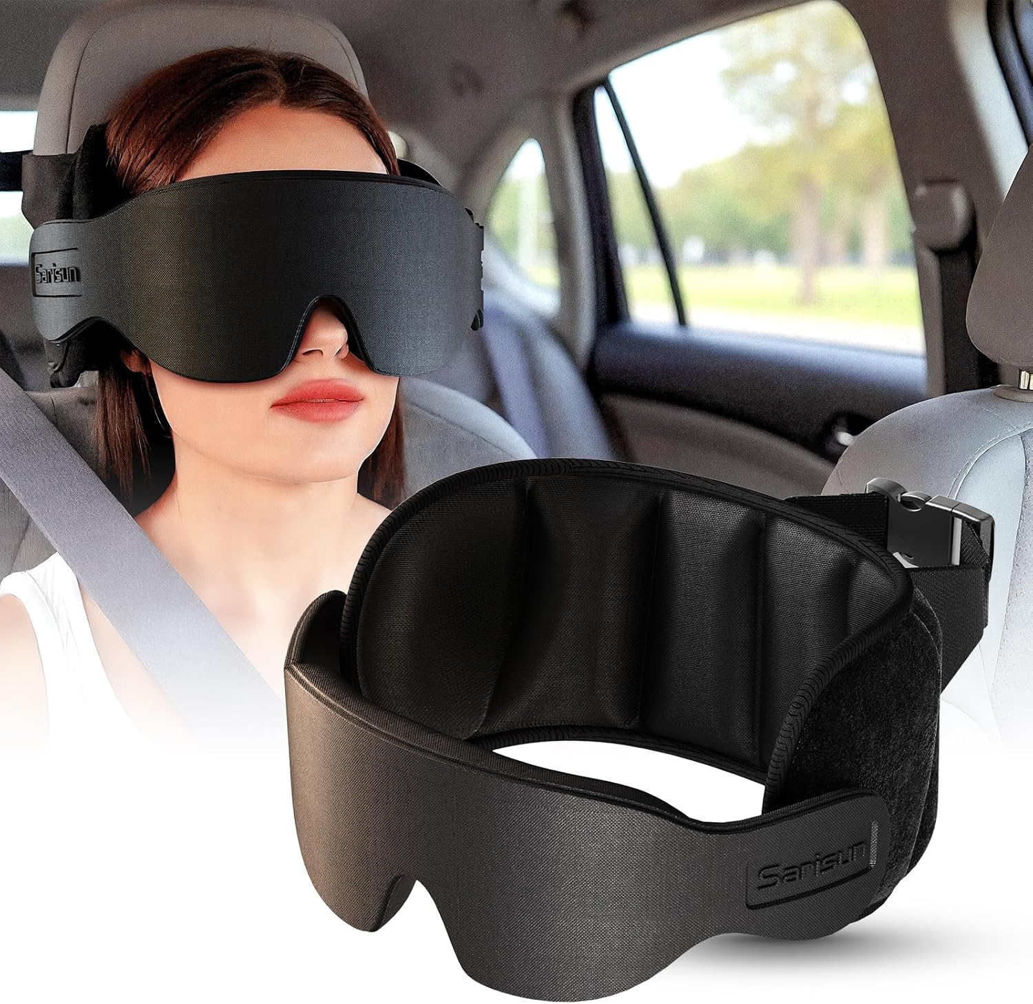 SARISUN Travel Pillow, Car Travel Pillow with 3D Eye Mask for Sleep, 360° Head Support Strap for All Car Seat, Road Trip Essentials, Stop…