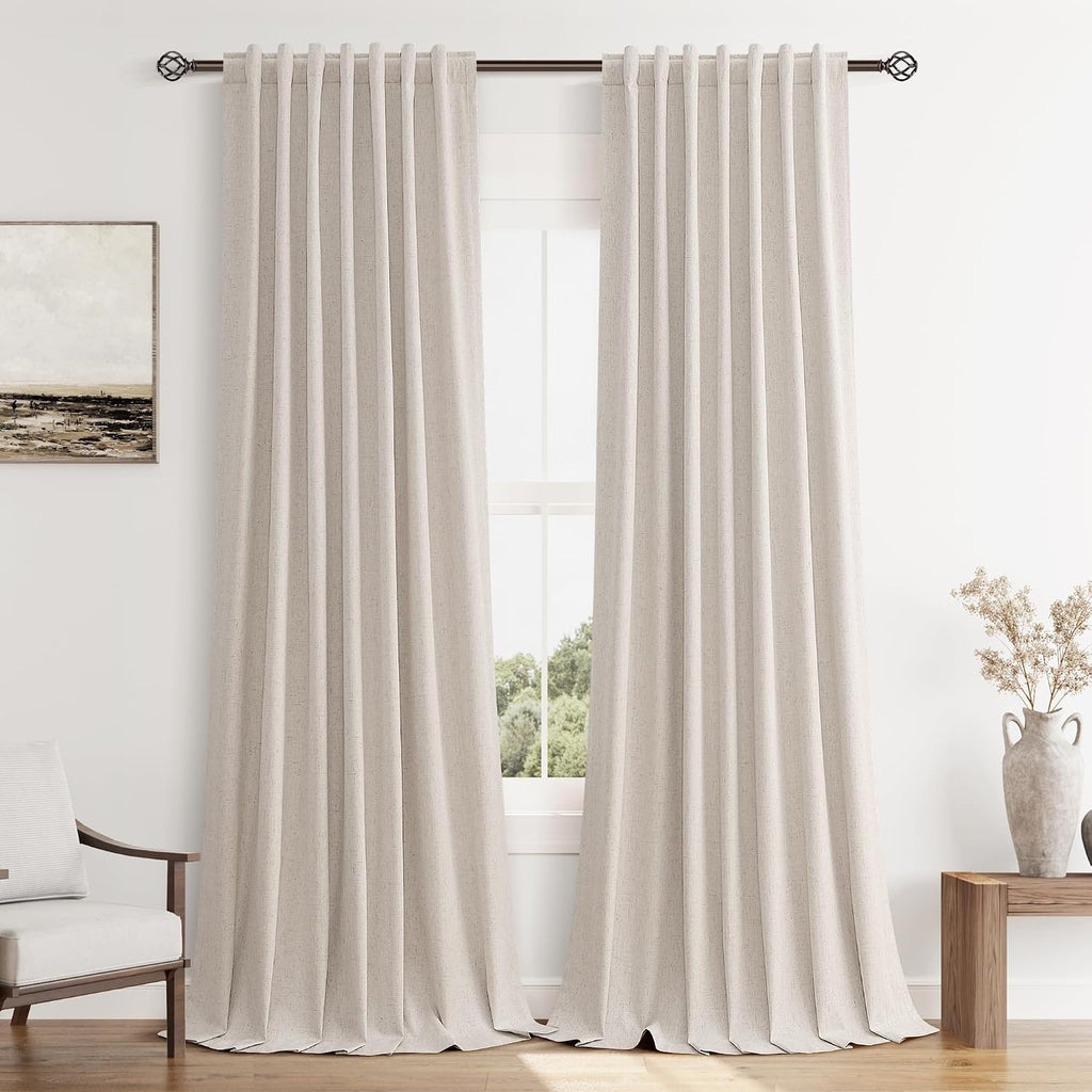 Guken 100% Blackout Curtains 90 Inch Length 2 Panels Set for Living Room Bedroom Back Tab Thermal Insulated Black Out Linen Drapes Room Dar…