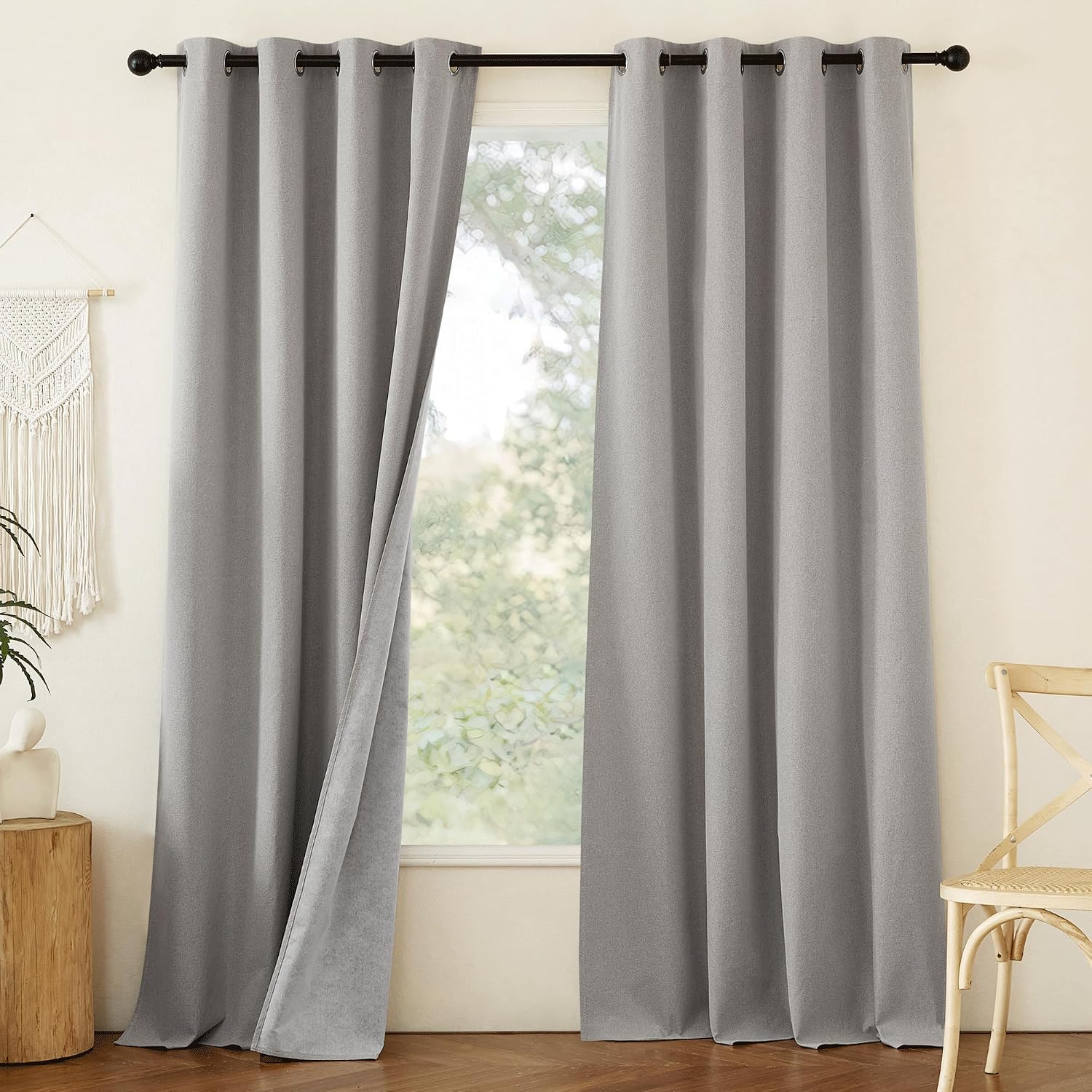 NICETOWN 100% Absolutely Blackout Faux Linen Curtains with Thermal Insulated White Liner, 52" W, 2 PCs, Light Grey, 90" Long Drapes Sweep…