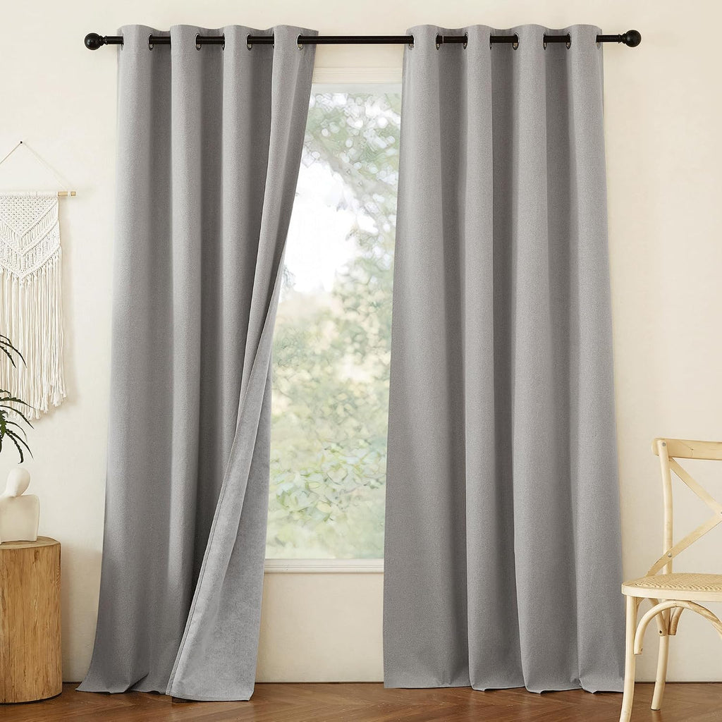 NICETOWN 100% Absolutely Blackout Faux Linen Curtains with Thermal Insulated White Liner, 52" W, 2 PCs, Light Grey, 95" Long Drapes Sweep…