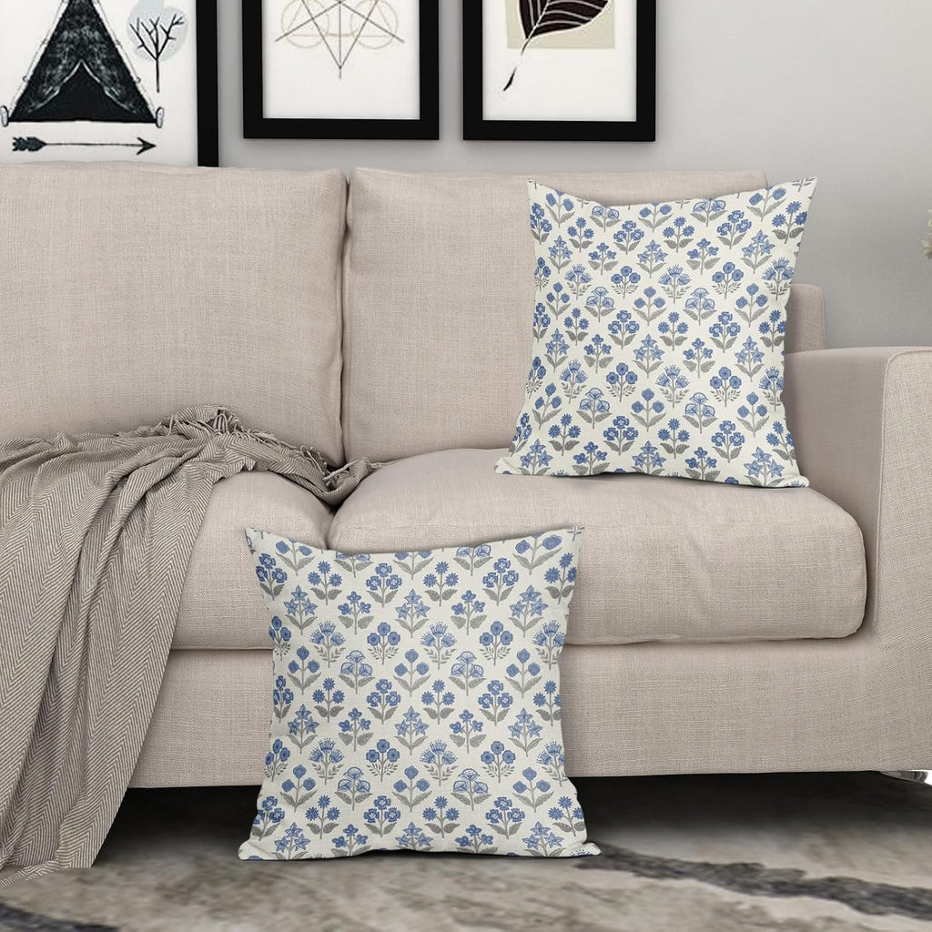 Blue Grey Gray Floral Pillow Covers 22x22 Inch Set of 2, Vintage Flower Block Print Pattern Decorative Throw Pillowcases Outdoor…