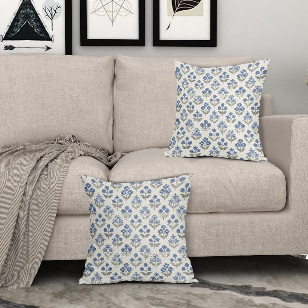 Blue Grey Gray Floral Pillow Covers 24x24 Inch Set of 2, Vintage Flower Block Print Pattern Decorative Throw Pillowcases Outdoor…