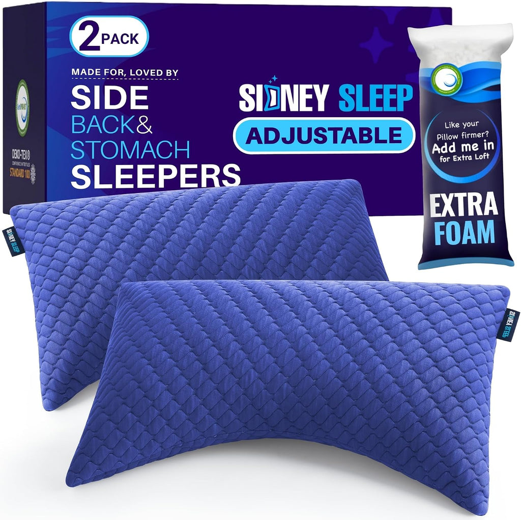 Sidney Sleep Set of 2 Queen Size Bed Pillows for Side and Back Sleepers - Adjustable Filling - Memory Foam Pillows for Neck and Shoulder…