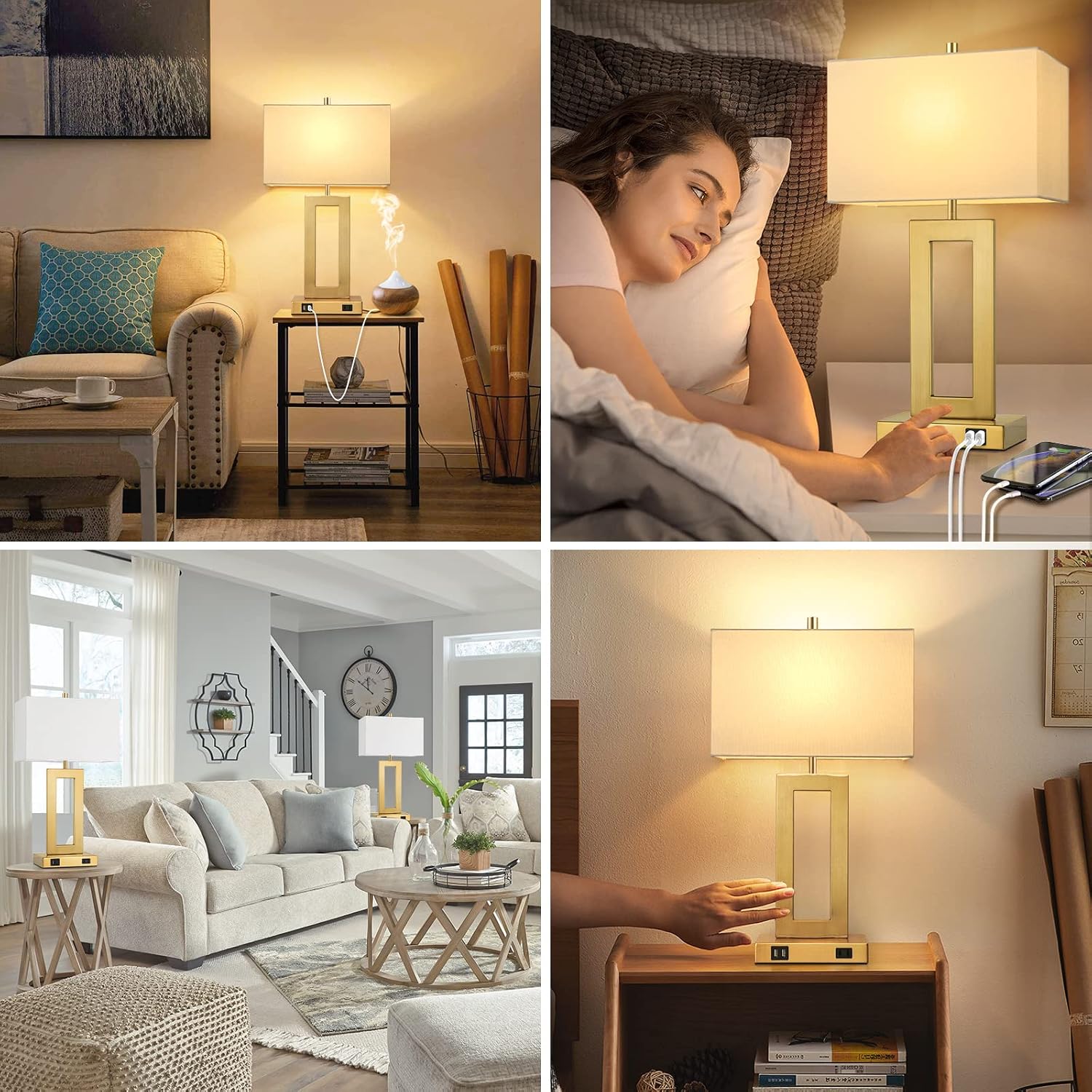 Tobusa 22’’ Table Lamps for Bedrooms Set of 2, Gold Bedside USB Desk Lamp with AC Outlet, Touch Control Modern Vintage Living Room Table La…