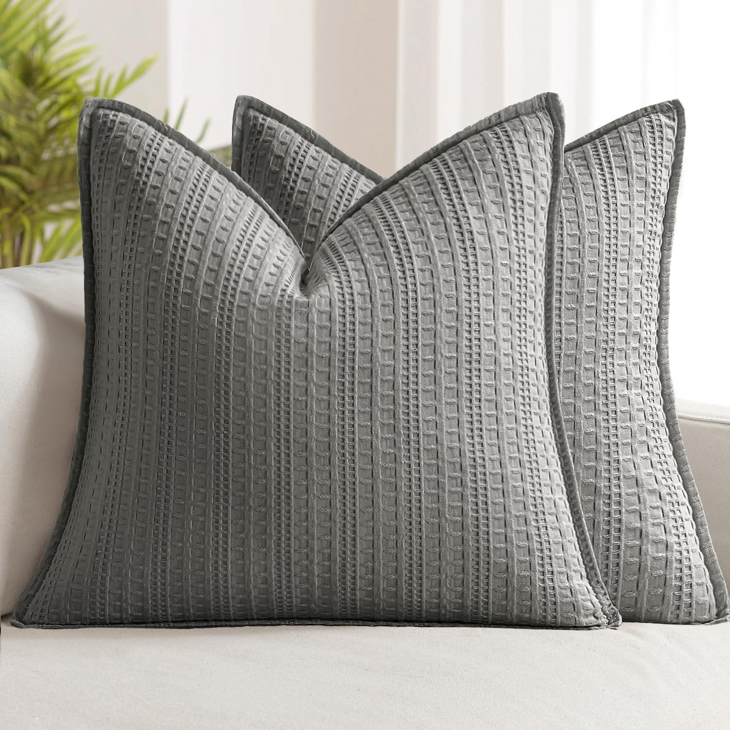 Set of 2 Decorative 100% Cotton Waffle Euro Sham Pillow Covers 24x24, Neutral Throw Pillows Weave European Cushion Cases for Couch Sofa…