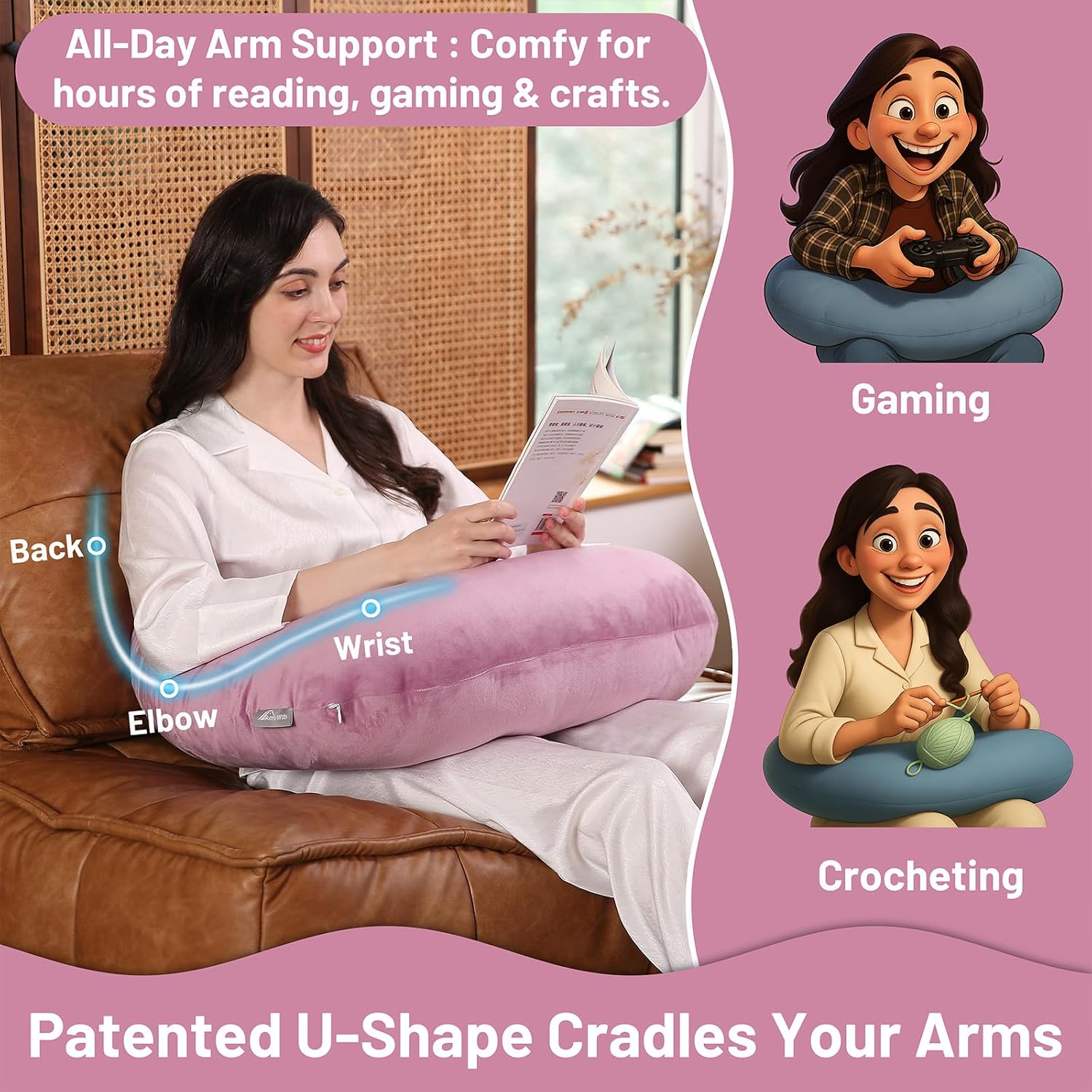 Ergonomic U-Shape Gaming & Lap Pillow - Crochet Pillow & Reading Support Pillow with Arm Relief, Comfort for Gamers, Crafters & Book…