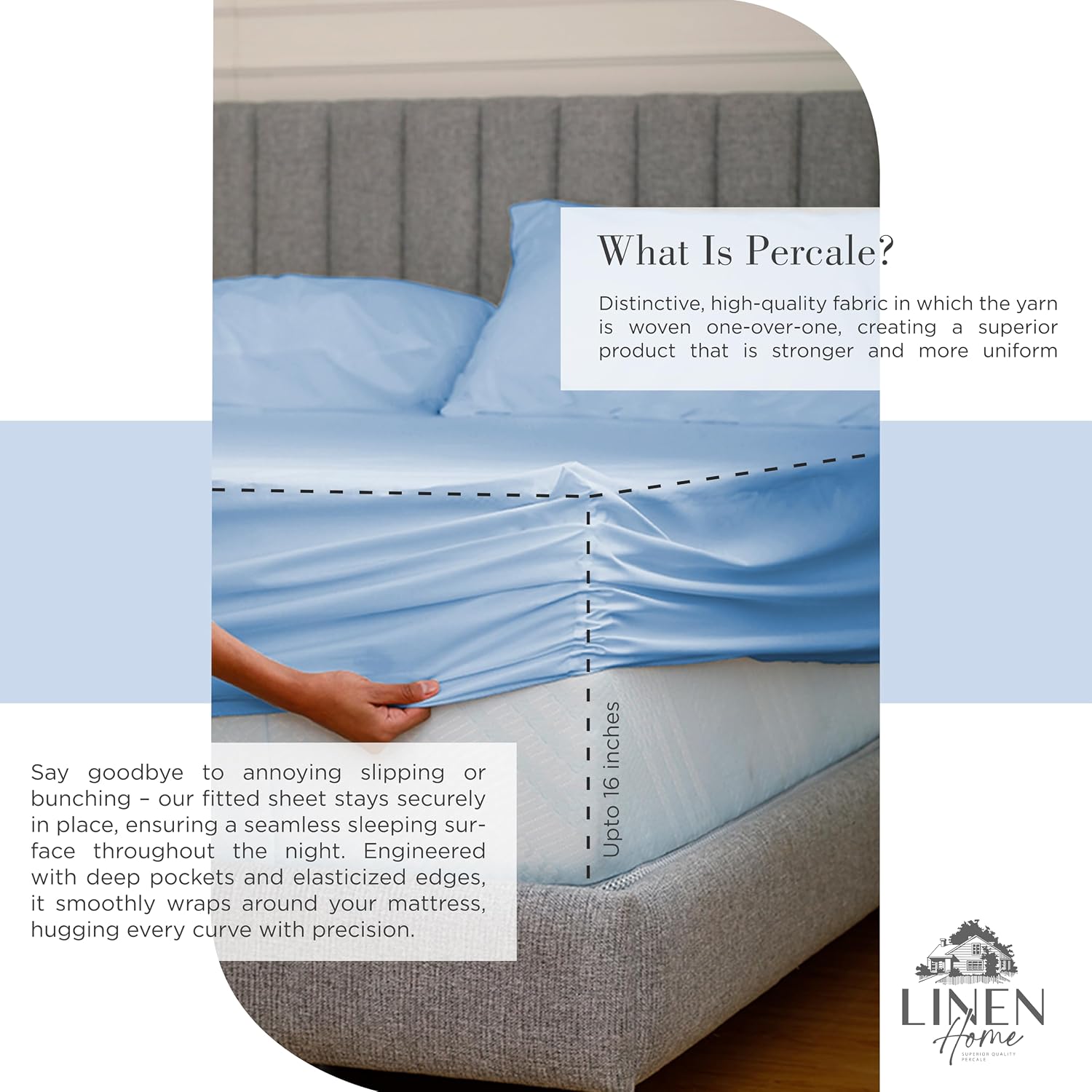 Linen Home 100% Cotton Percale Sheets Queen Size, Baby Blue, Deep Pocket, 4 Pieces Set - 1 Flat, 1 Deep Pocket Fitted Sheet and 2…
