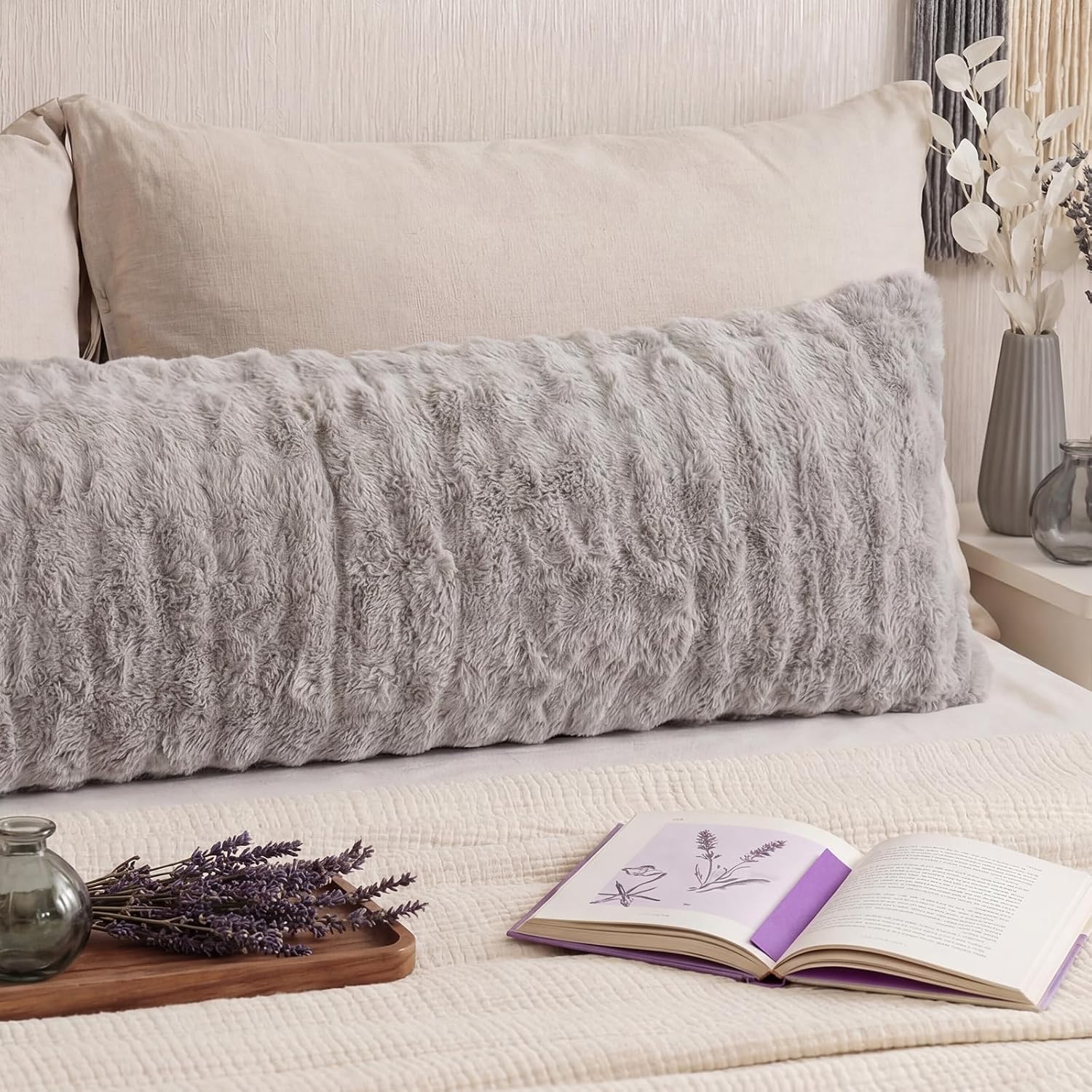 Chumerry Gray Faux Fur Body Pillow Cover 1 Piece, Soft Cozy Plush Shaggy Body Pillowcase Long Pillow Case, Plaid Geometric Decorative Bed P…