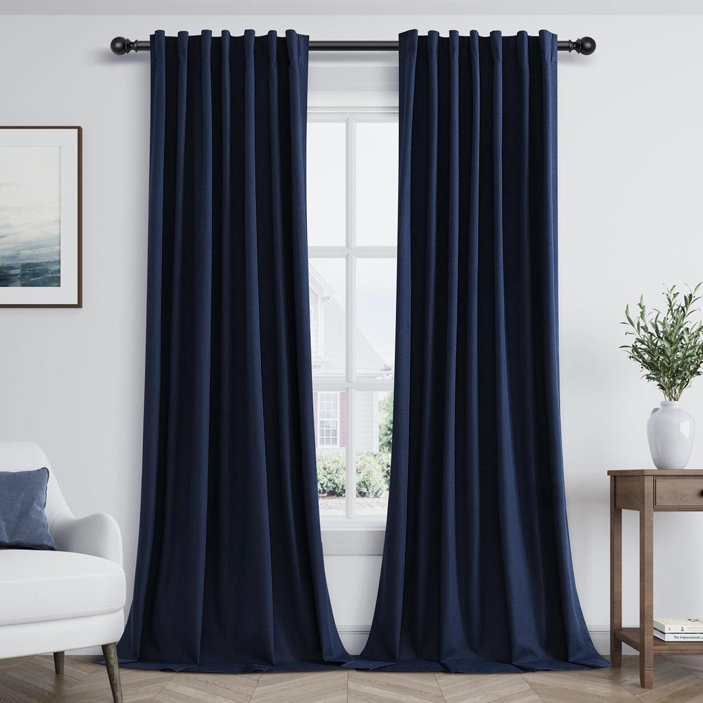 Guken Navy Blue 100% Blackout Curtains 84 Inch Length 2 Panels Set for Living Room Bedroom Back Tab Thermal Insulated Black Out Linen Drape…