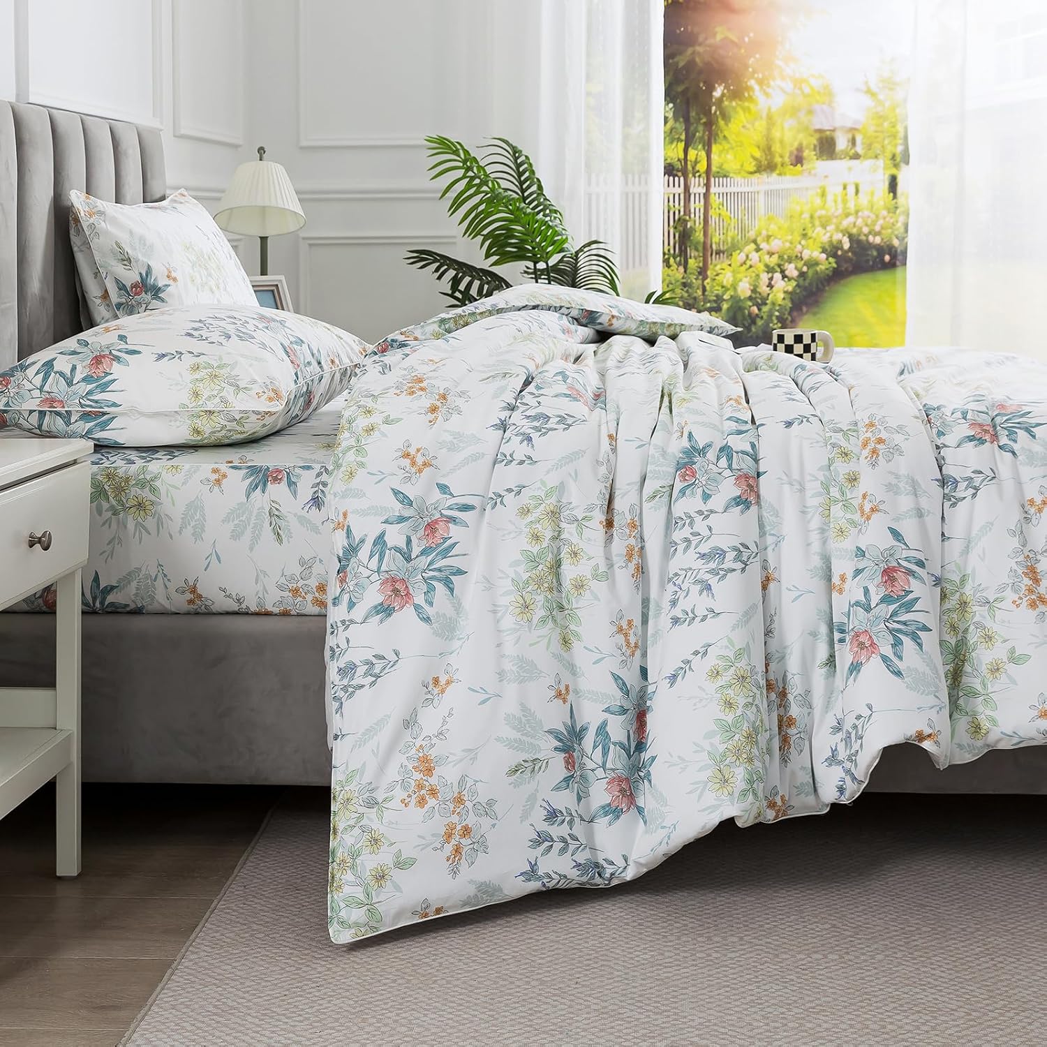 Puralens White Queen Floral Duvet Cover, Shabby Leaf Chic 100% Cotton Percale Duvet Cover Set with Zipper, Flower Patterned Farmhouse Toile…