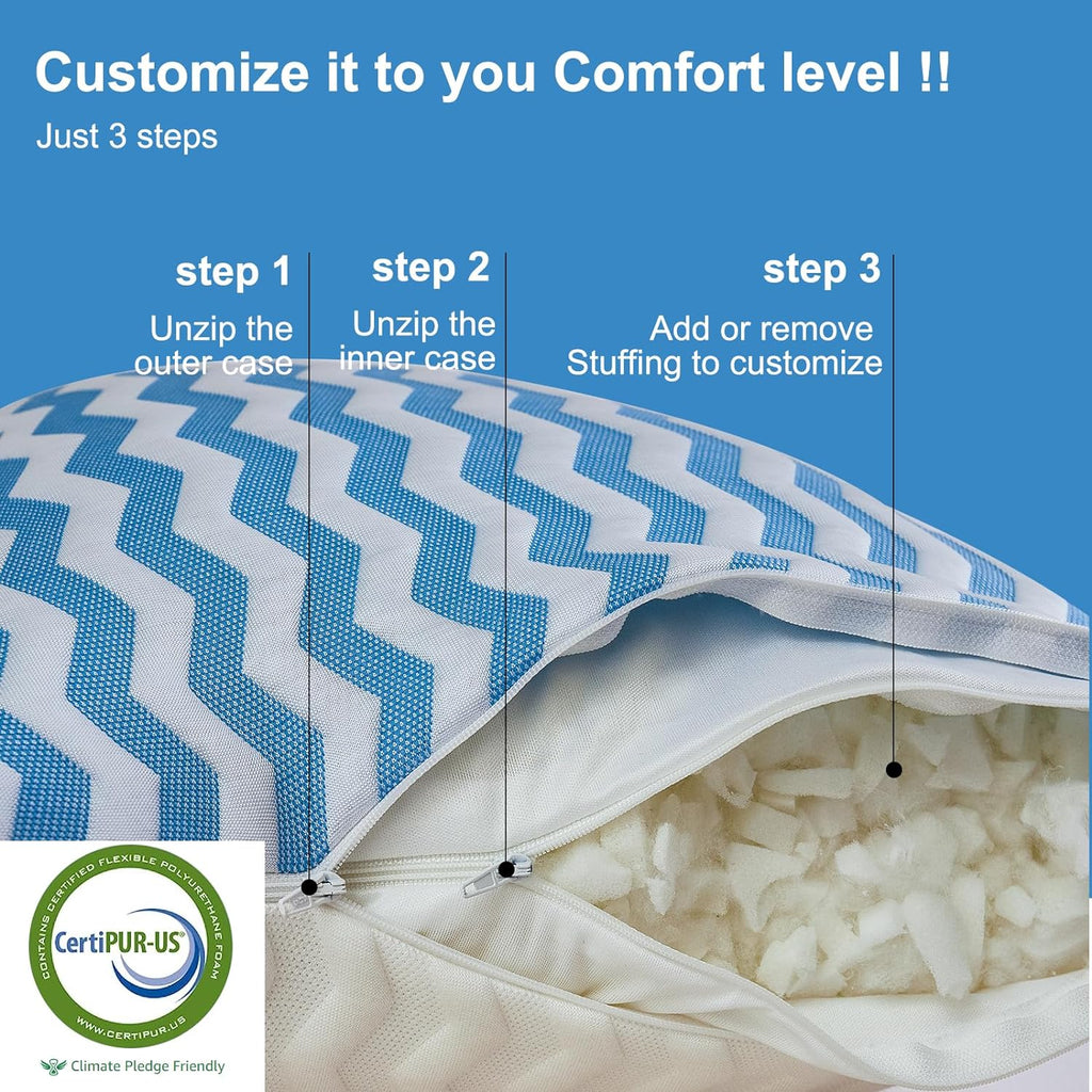 Suhedy King Size Pillows Set of 2 - Bed Pillows for Sleeping - Adjustable Shredded Memory Foam Pillow for Back, Stomach and Side Sleeper Bl…