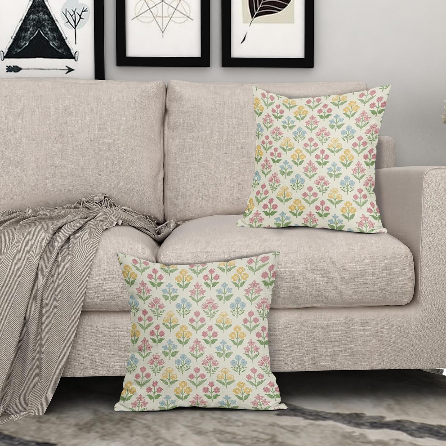 Spring Floral Block Print Pillow Covers 16x16 Inch Set of 2, Easter Decoration Pink Yellow Blue Flower Decorative Throw Pillowcases…