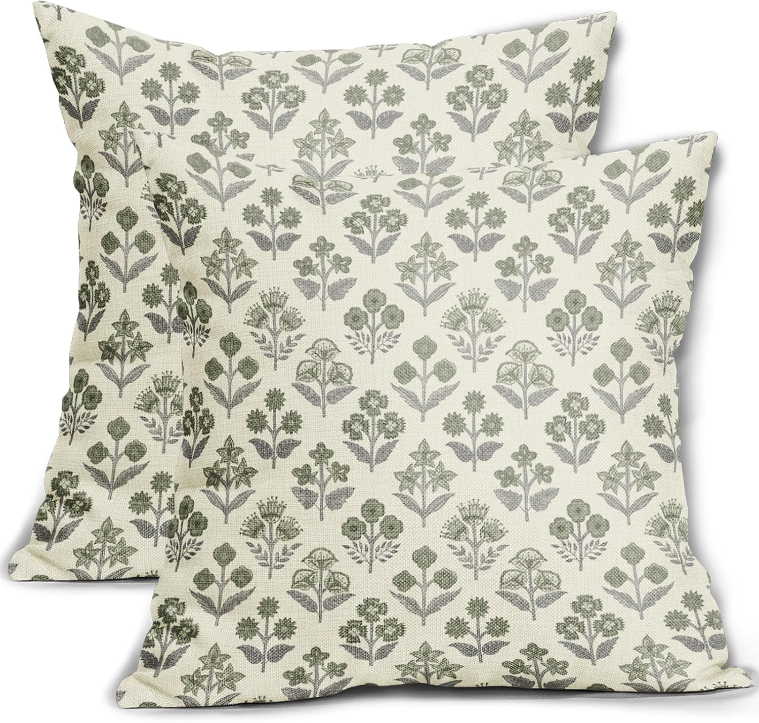 Green Grey Gray Floral Block Print Pillow Covers 20x20 Inch Set of 2, Vintage Flower Pattern Decorative Throw Pillowcases Outdoor…