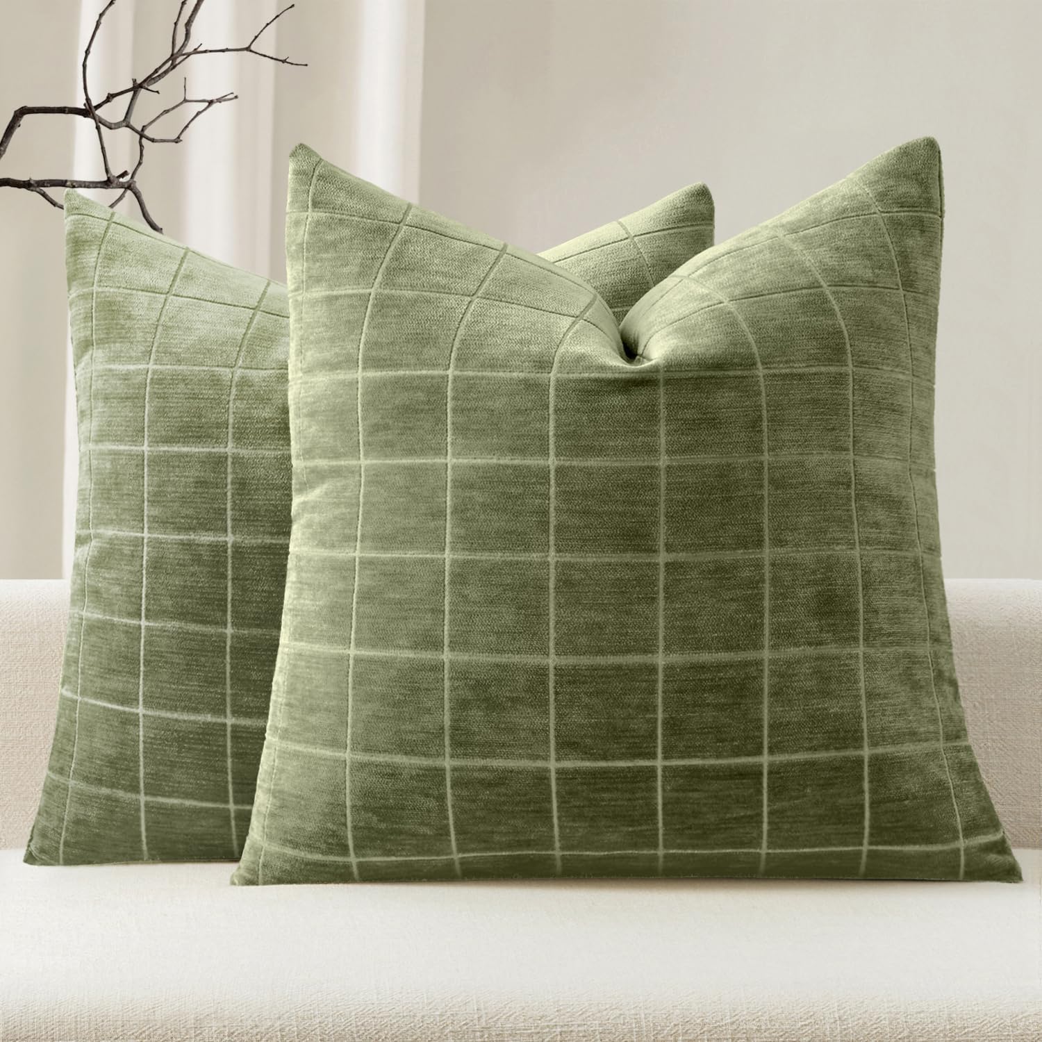 Miulee Decorative Chenille Check Throw Pillow Covers Vintage Plaid Couch Pillows 20x20 Inch Set of 2 Neutral Boho Farmhouse Cushion Covers…