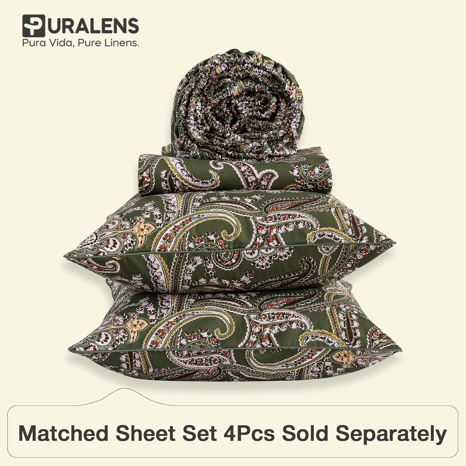 Puralens Vintage Paisley Floral Green Duvet Cover King 100% Cotton, Shabby Flower Printed Chic Crisp Percale Comforter Cover Set, Farmhouse…