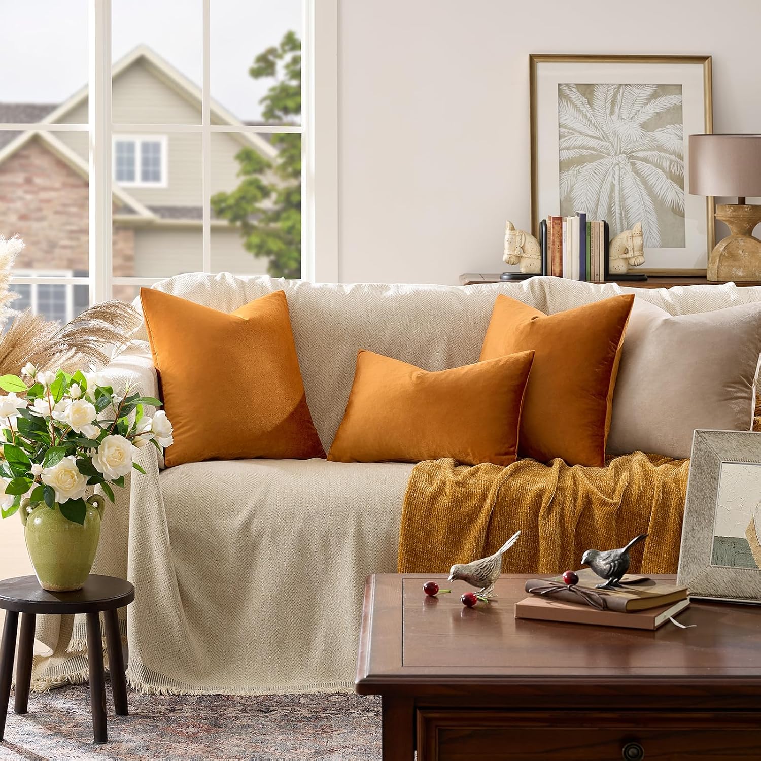 GIGIZAZAFocusingonhomedecoration GIGIZAZA Decorative Throw Pillow Covers for Sofa, Cinnamon Orange 18x18 Velvet Bed 2 Pack Soft Cushion Cove…