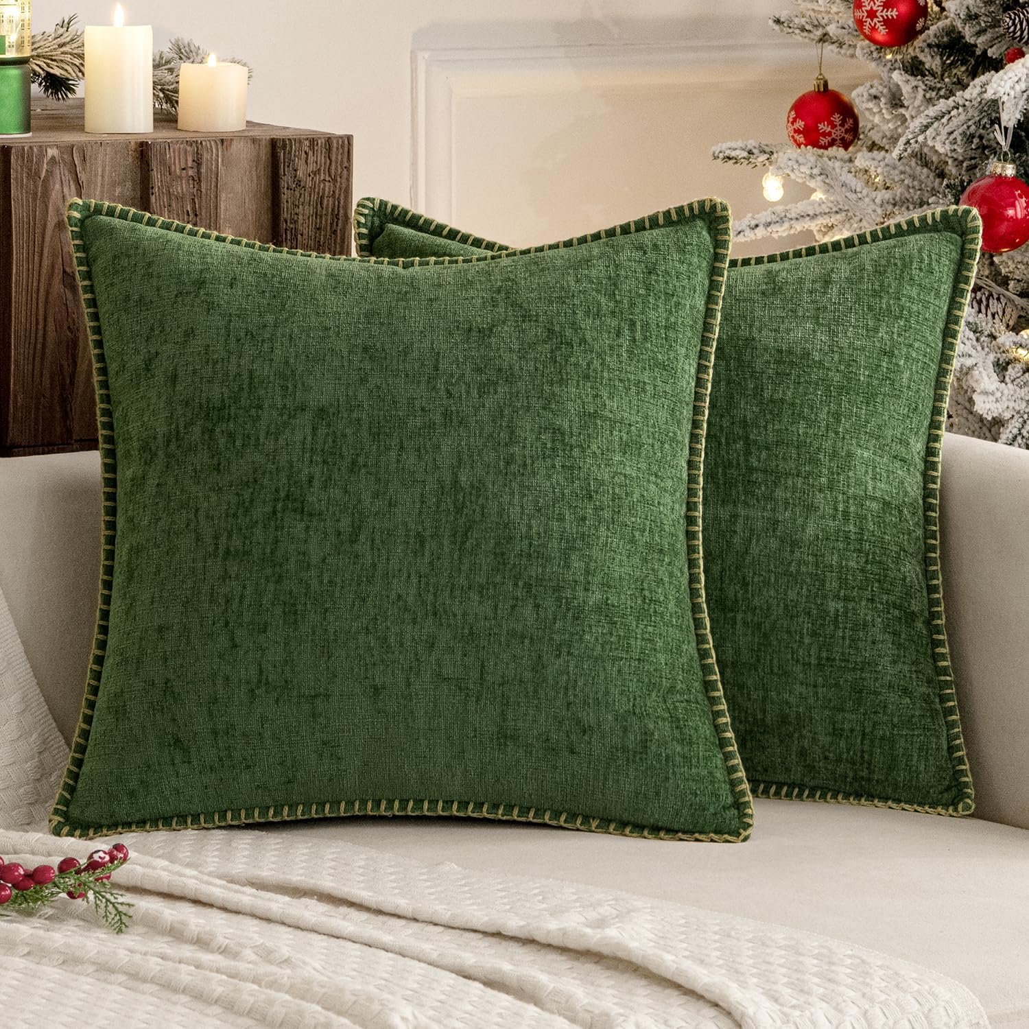 Miulee Pack of 2 Couch Pillow Covers 22x22 Inch Moss Green Farmhouse Decorative Throw Pillow Covers with Stitched Edge Soft Chenille Solid…