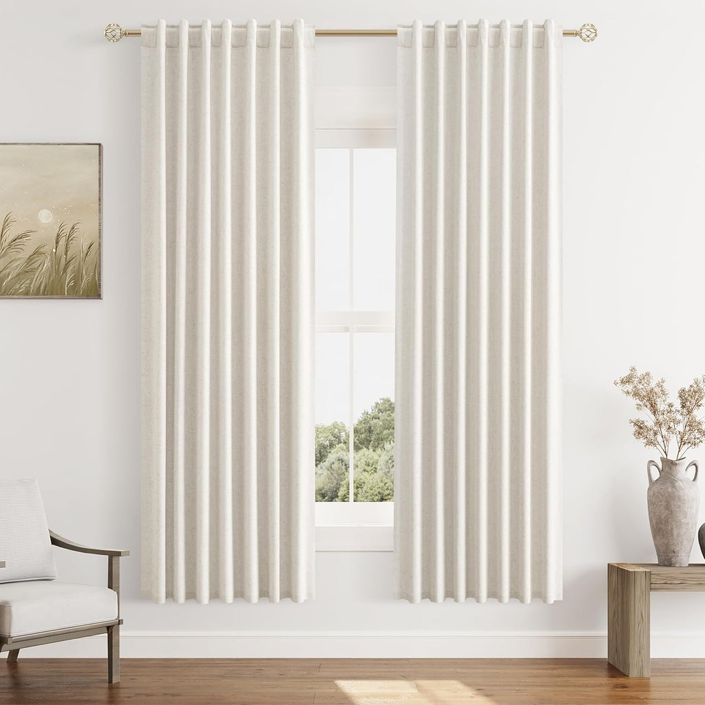 Guken Beige White 100% Blackout Linen Curtains 72 Inch Length 2 Panels Set for Living Room Bedroom Back Tab Thermal Insulated Black Out Dra…