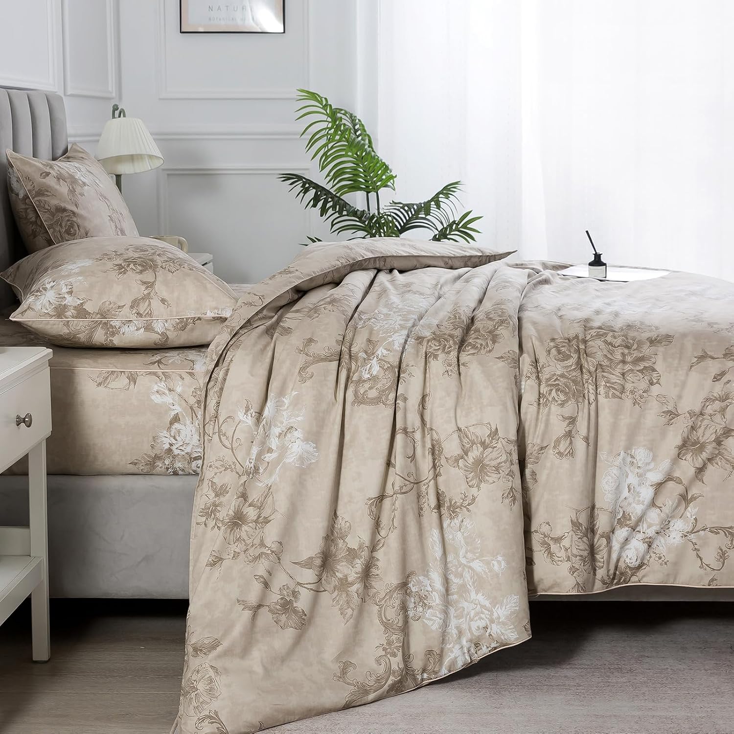Puralens Dark Beige Moody Floral Duvet Cover, Queen 100% Cotton Percale Neutral Flower Patterned Comforter Cover Set, French Country Soft C…