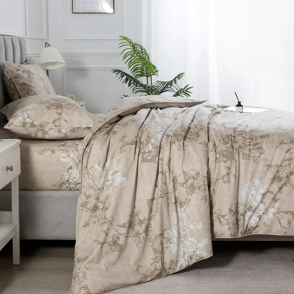 Puralens Dark Beige Moody Floral Duvet Cover, King 100% Cotton Percale Neutral Flower Comforter Cover Set, Shabby Chic Cottage Reversible T…