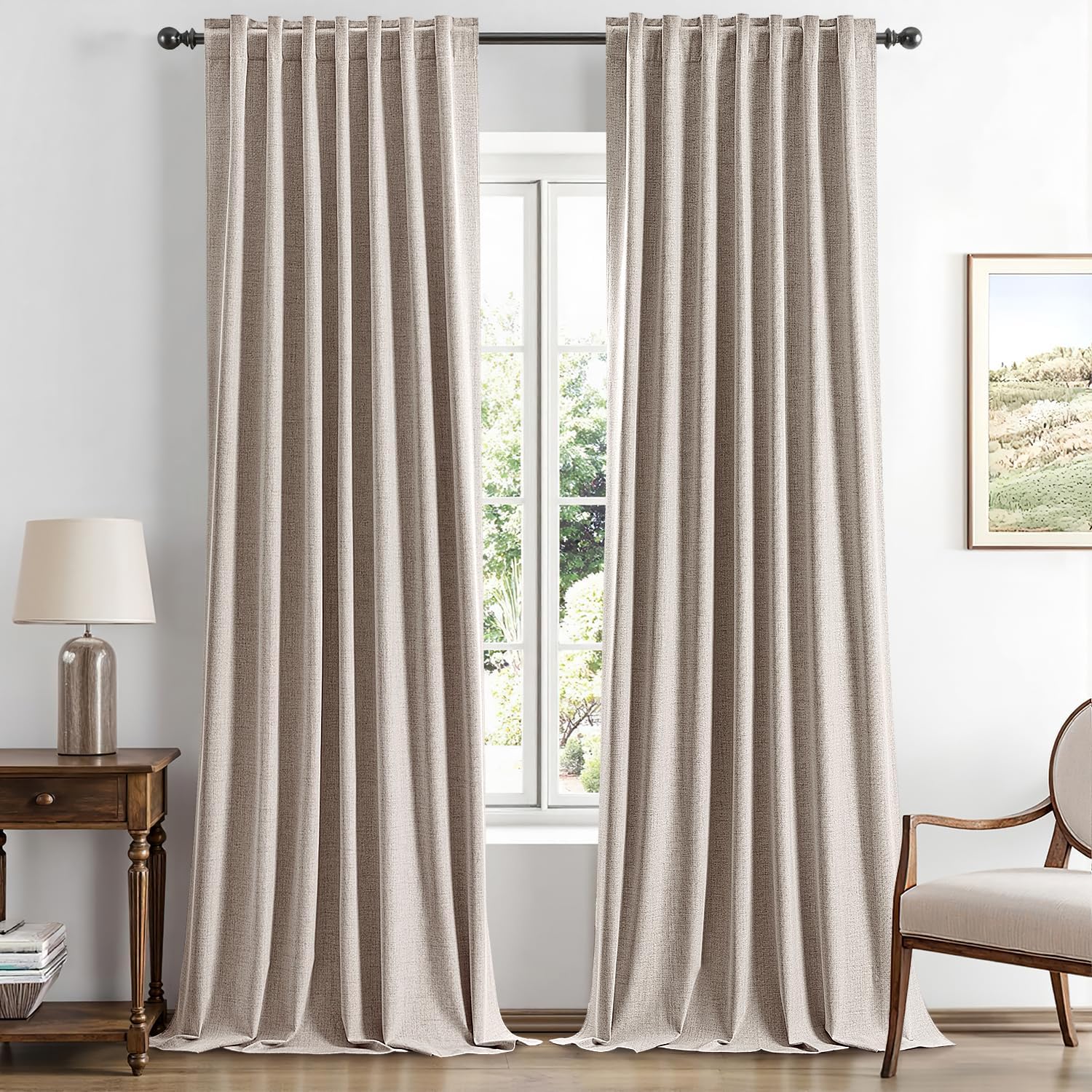 Miulee 100% Blackout Linen Curtains for Bedroom, Khaki Solid Luxury Decor Thermal Insulation Room Darkening Drapes for Living Room Nursery…